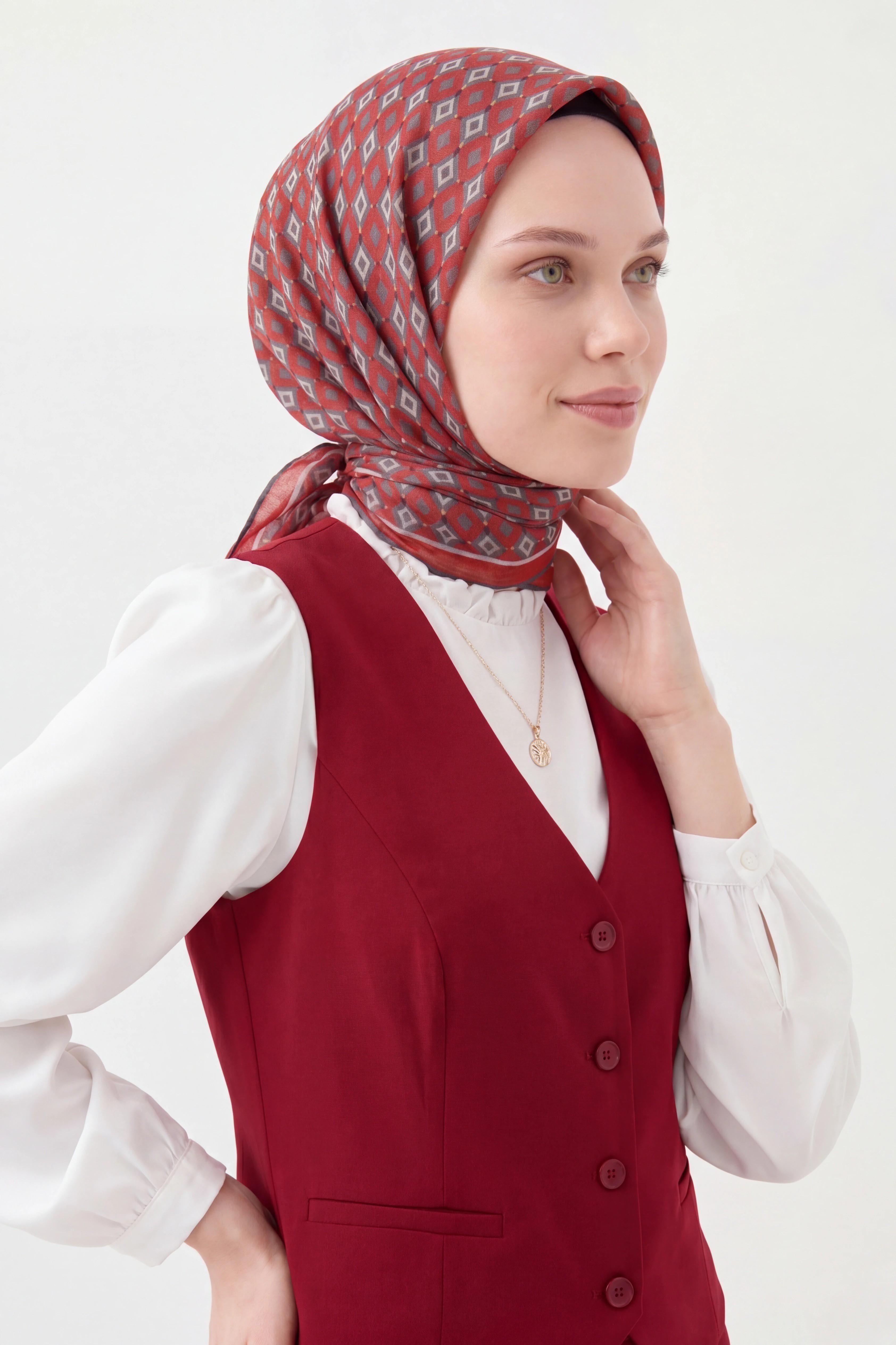 Soft Eşarp Retro Geometrik Koyu Kırmızı