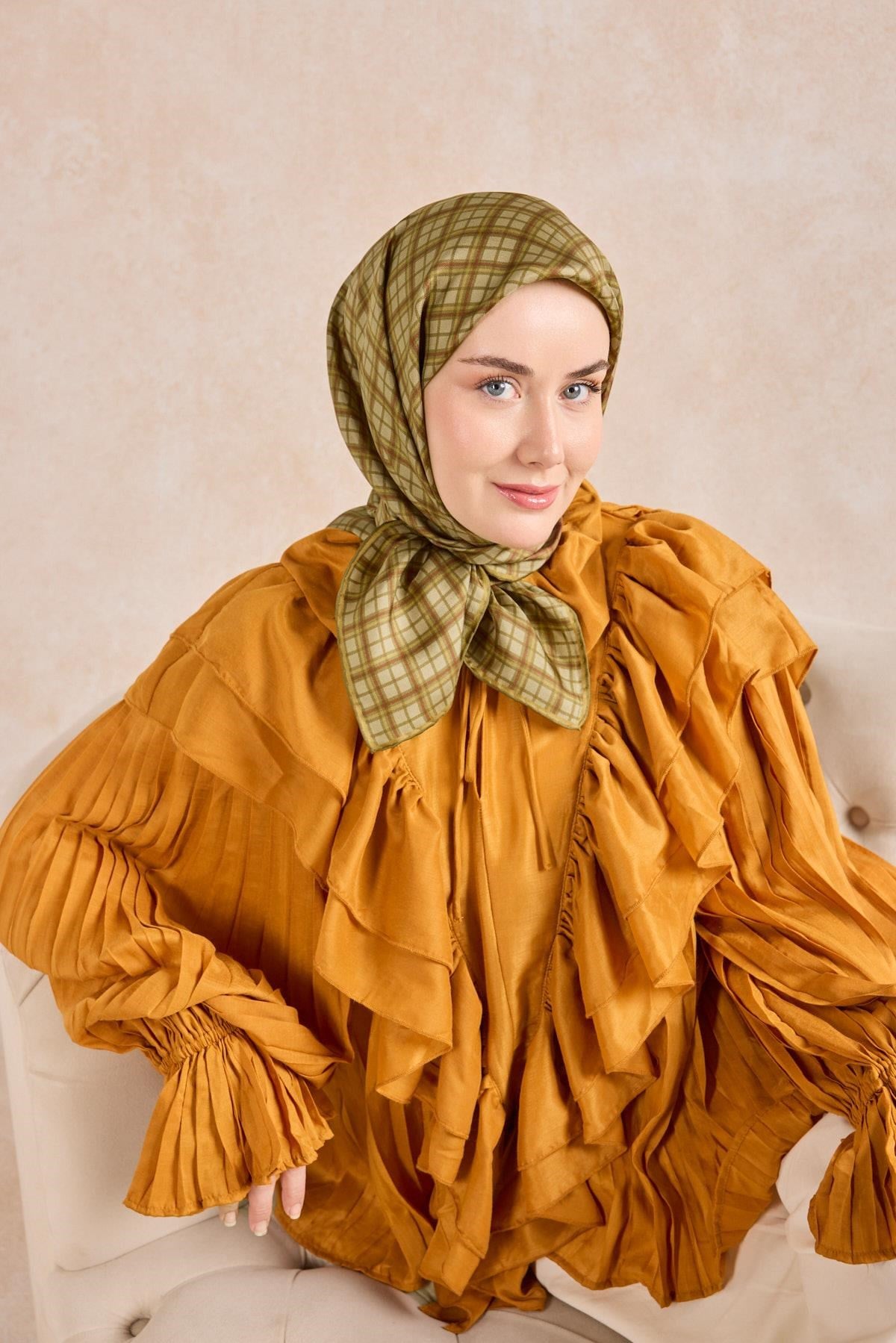 Twill İpek Eşarp Ekose Yeşil Bej