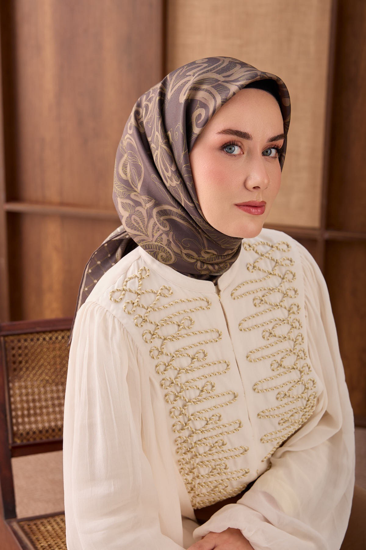 Twill İpek Eşarp Floral Paisley Acı Kahve