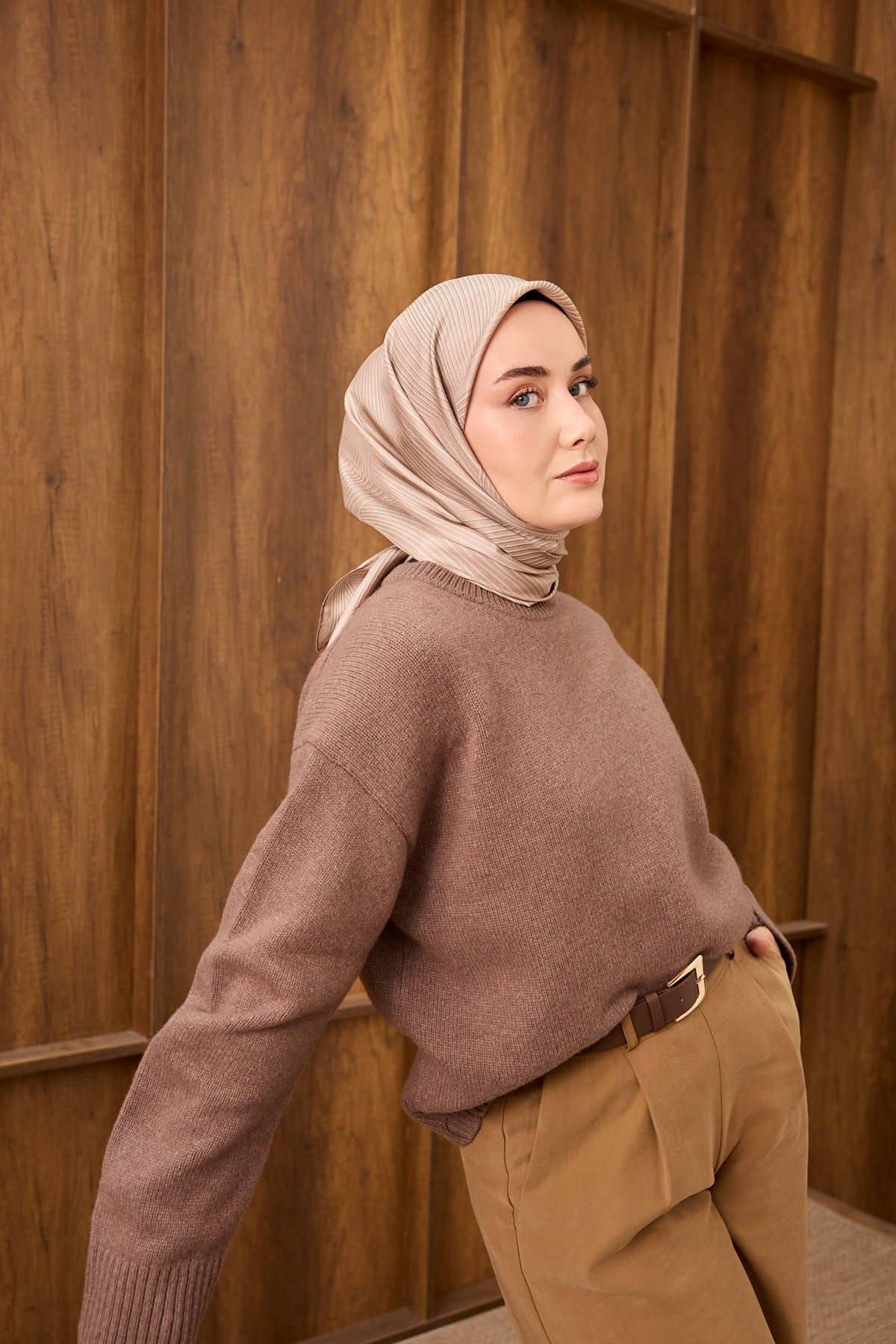 Twill İpek Eşarp Fluid Lines Pudra Vizon