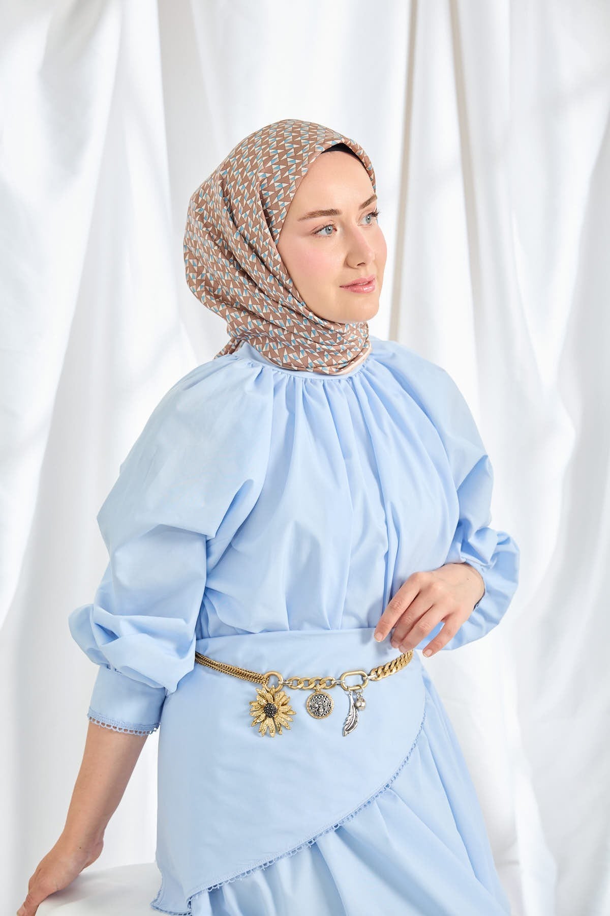 Twill İpek Eşarp Geometric Pattern Kahverengi