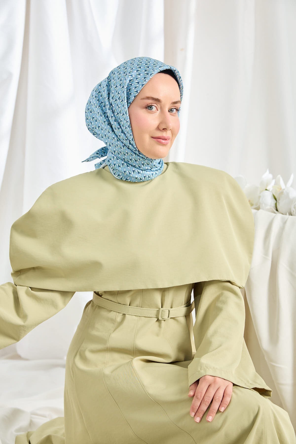 Twill İpek Eşarp Geometric Pattern Mavi