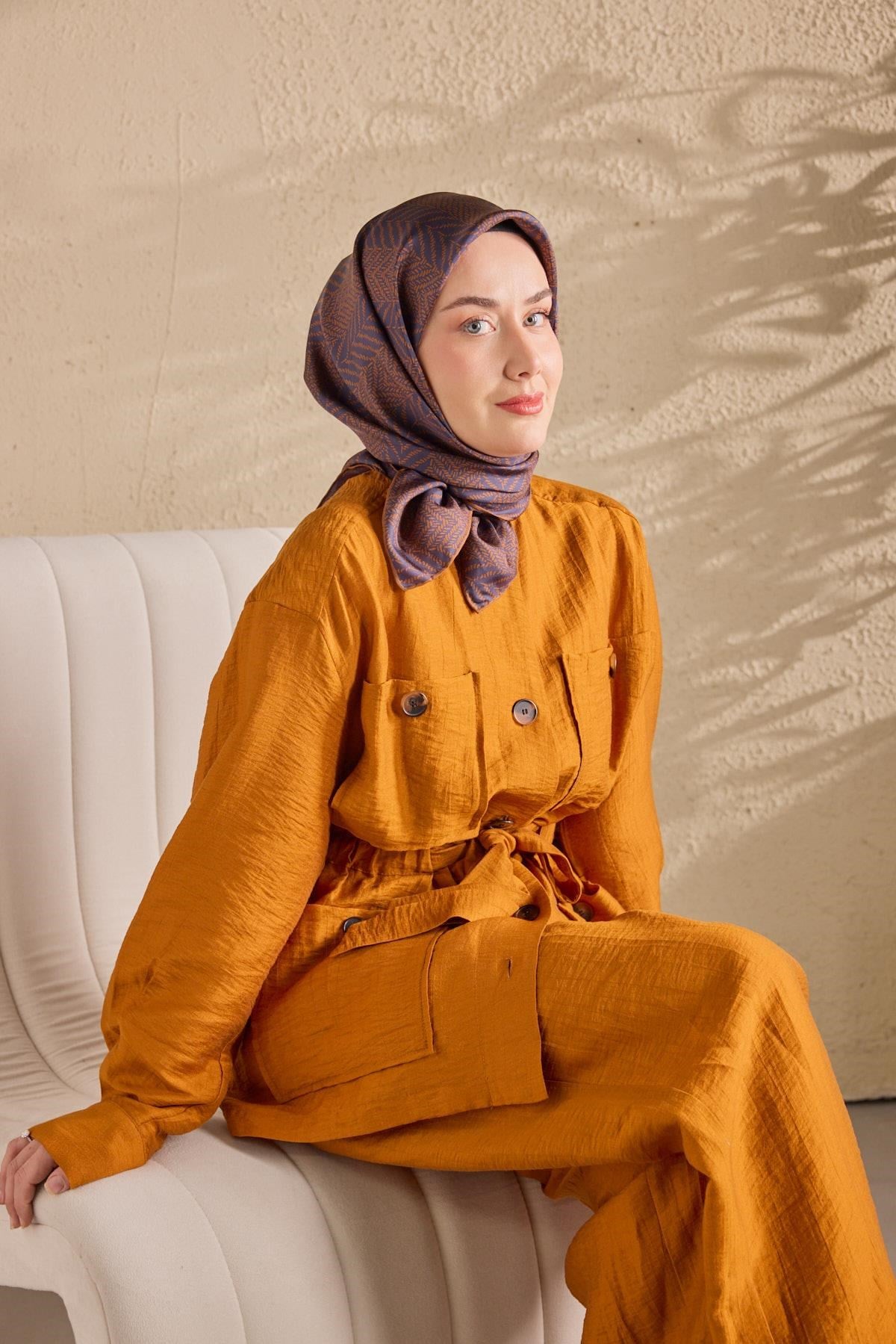 Twill İpek Eşarp Minimal Desen Koyu Lacivert 90x90