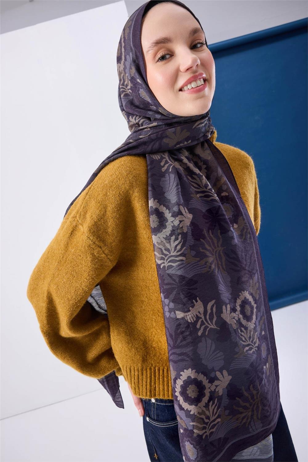 Urban Hours Botanik Desen Antrasit  Mayda Şal 190*70