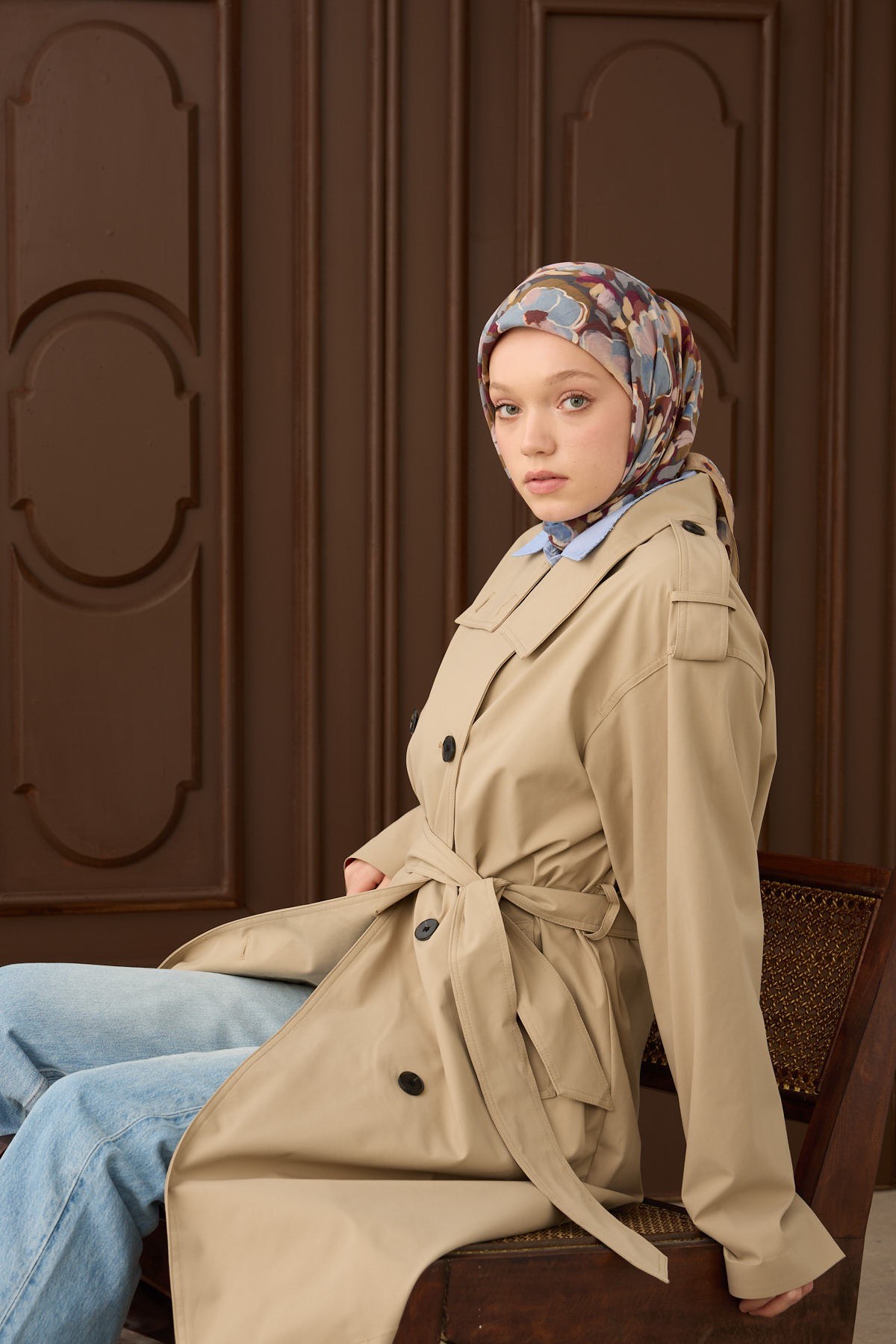 Velora Eşarp Flower Yeşil Bej