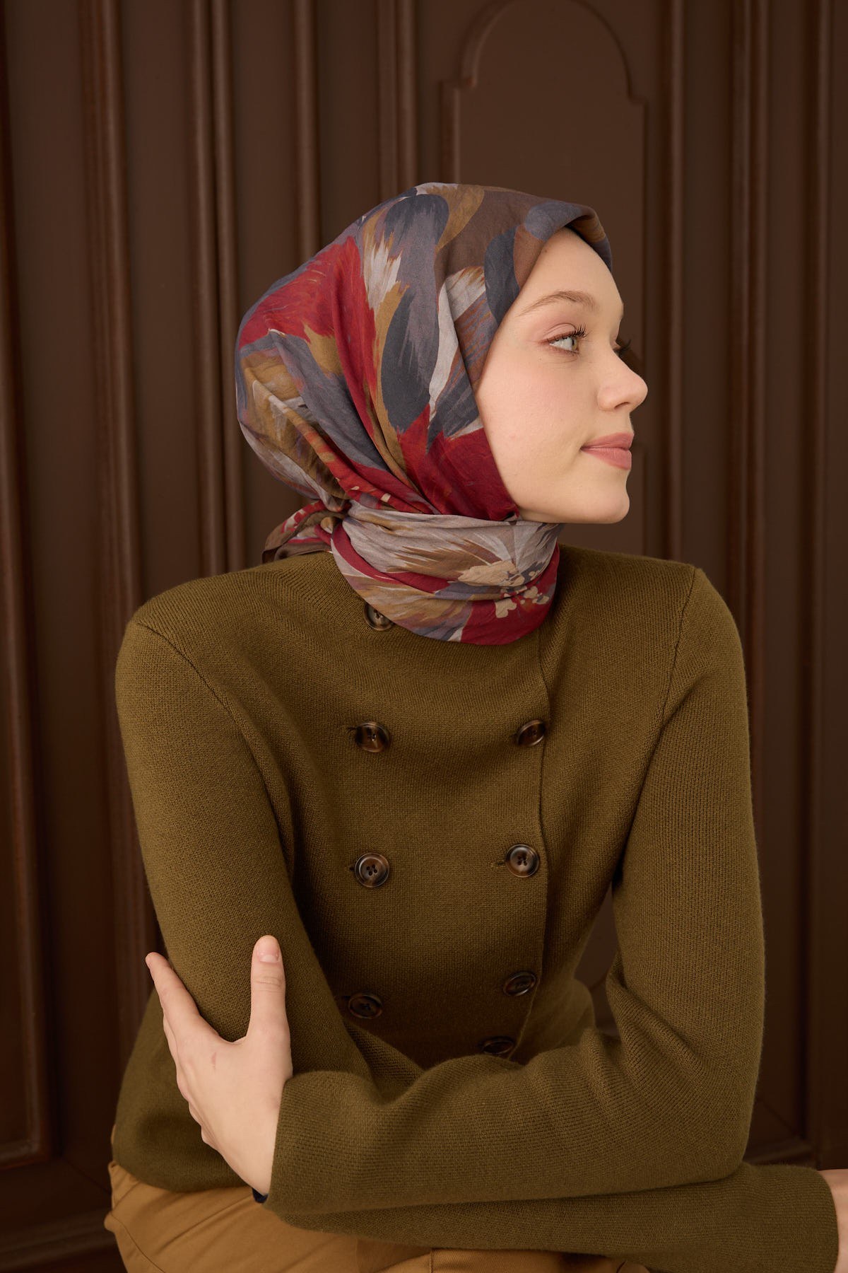 Velora Eşarp Flower Yeşil Kahve