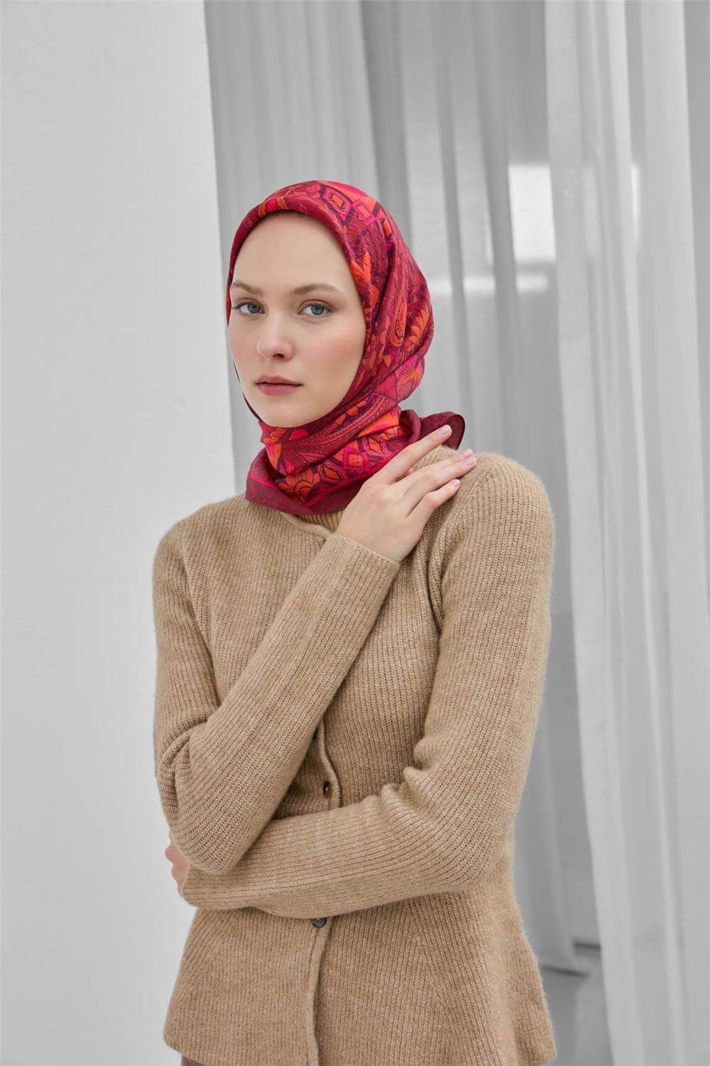 Viskon Velora Eşarp Bordo Desenli Tok Duruşlu Dört Mevsim 90X90