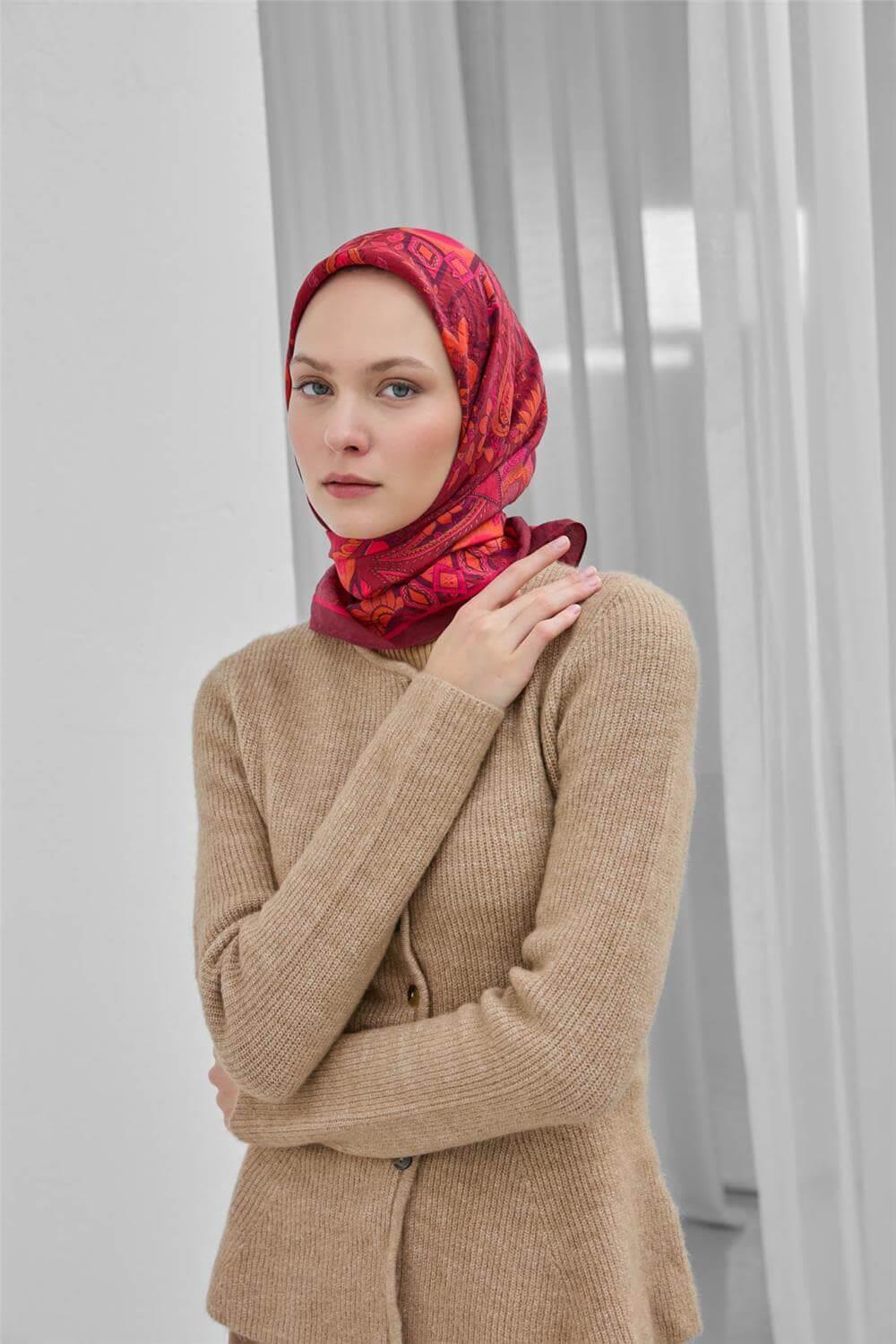 Viskon Velora Eşarp Bordo Dört Mevsim 90x90