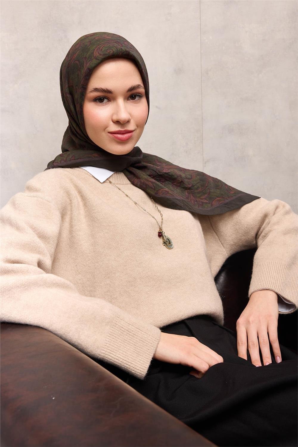 Viskon Velora Eşarp Dört Mevsim Barok Floral Desen Koyu Asker Yeşili 90x90
