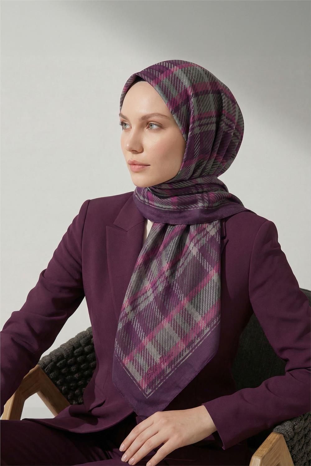 Viskon Velora Eşarp Dört Mevsim Ekose Desen Mor 90x90