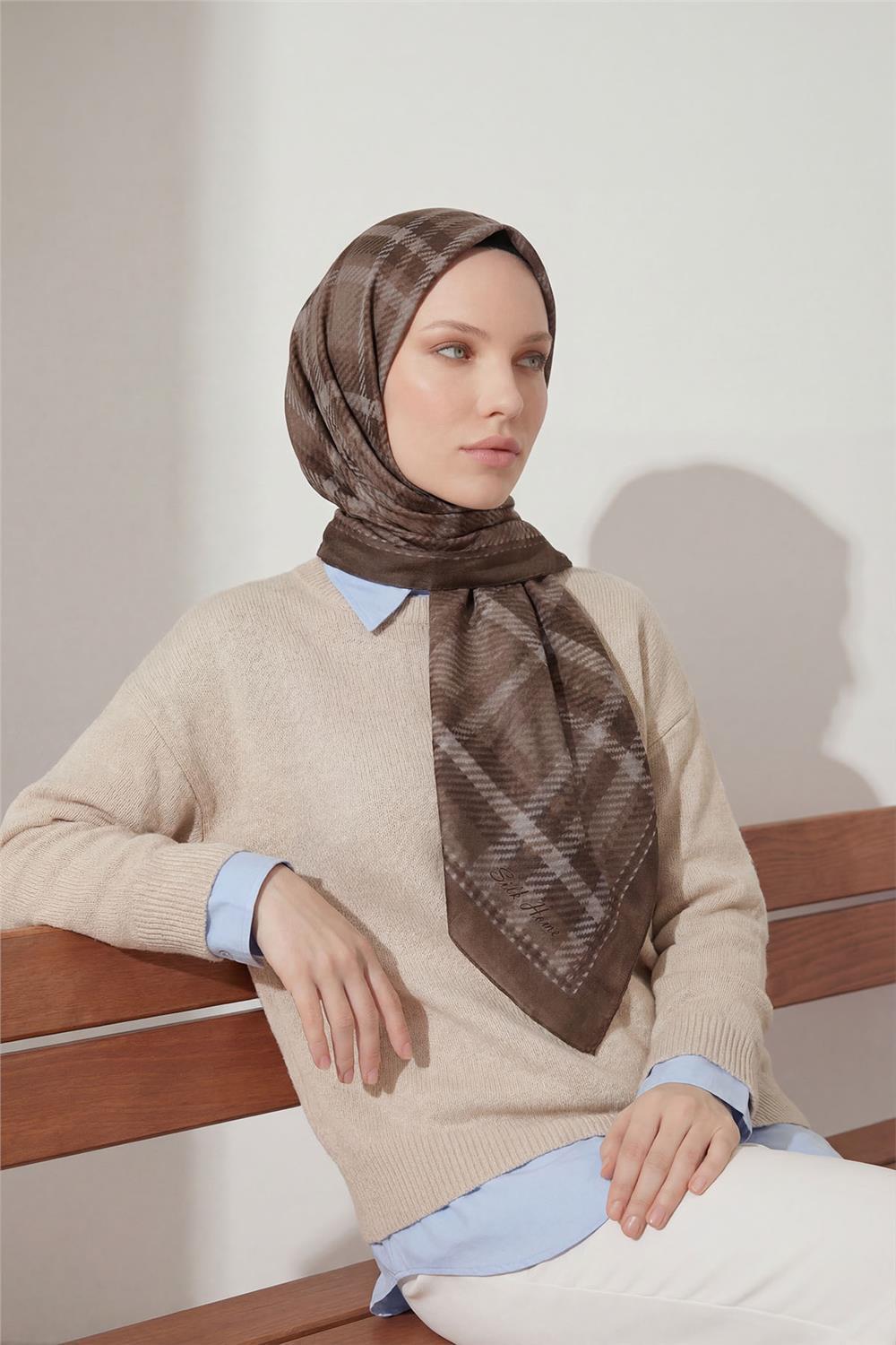 Viskon Velora Eşarp Dört Mevsim Ekose Desen Kahverengi 90x90