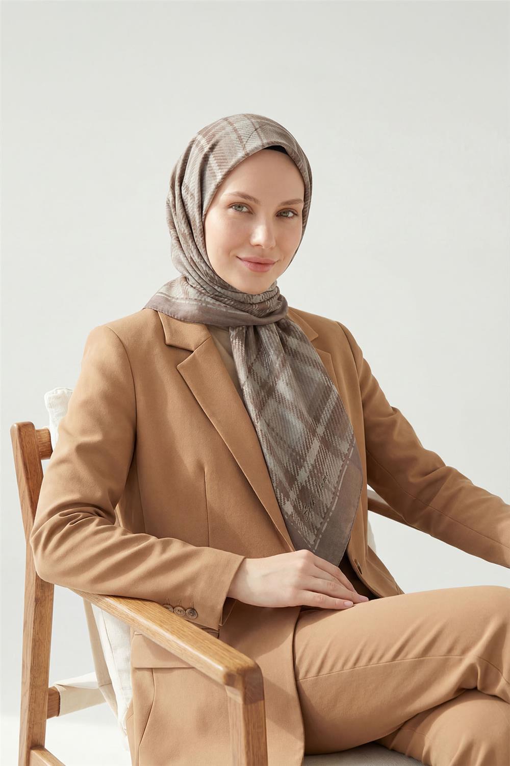 Viskon Velora Eşarp Dört Mevsim Ekose Desen Latte 90x90