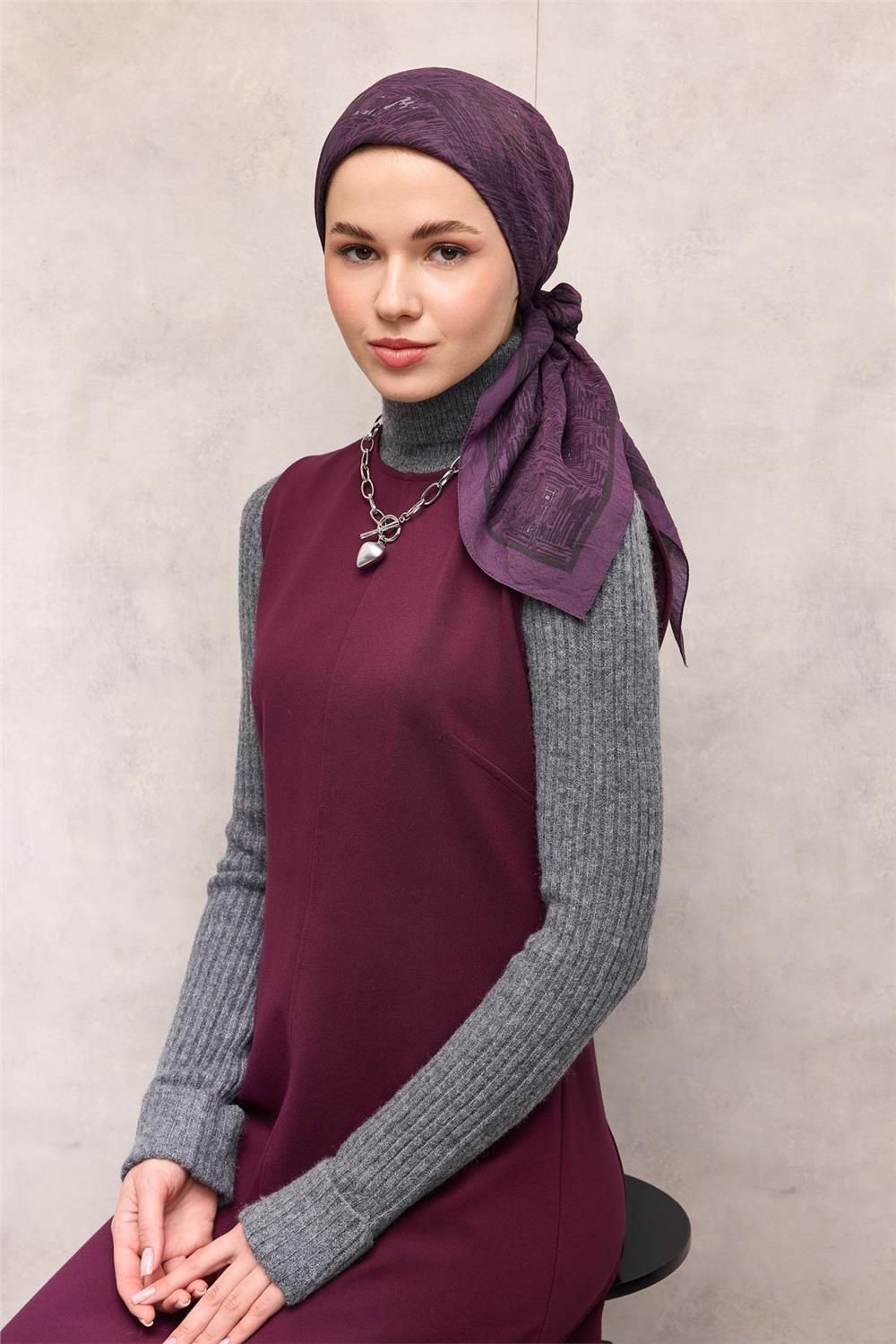 Viskon Velora Eşarp Dört Mevsim Labirent Desen Eflatun 90x90