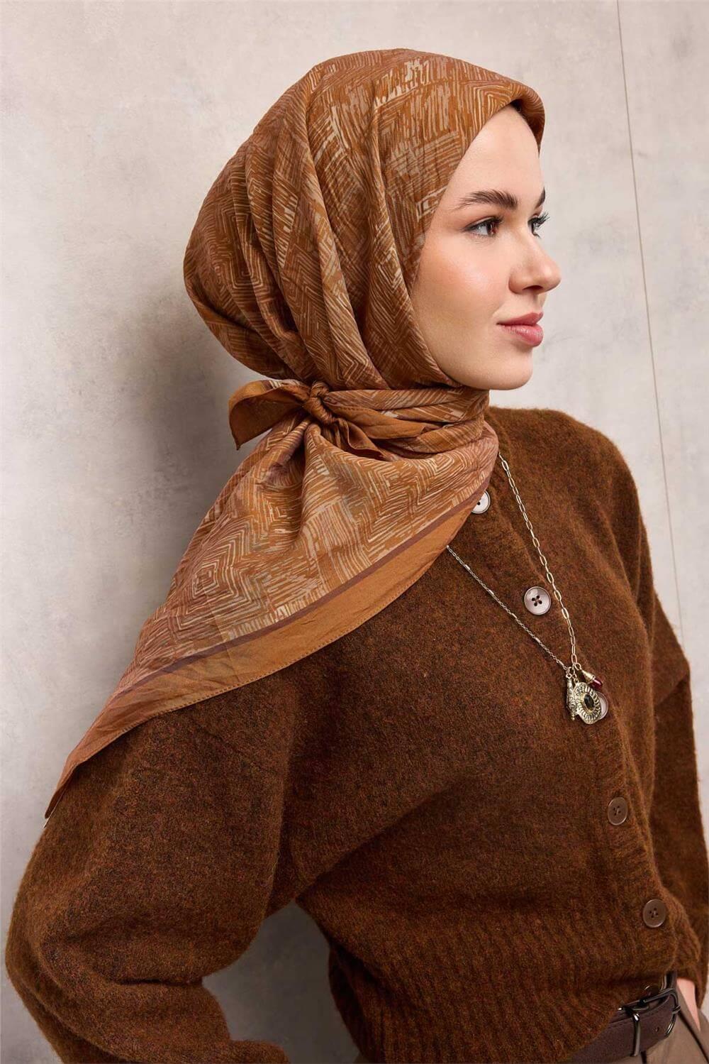 Viskon Velora Eşarp Dört Mevsim Labirent Desen Taba 90x90