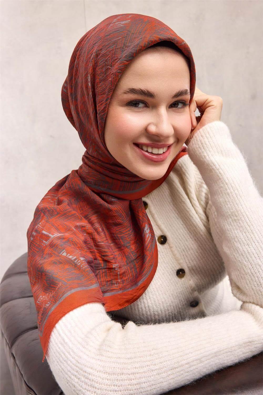 Viskon Velora Eşarp Dört Mevsim Labirent Desen Turuncu 90x90