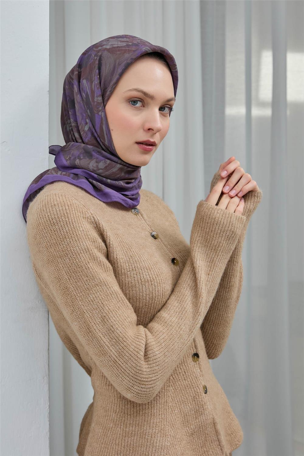 Viskon Velora Eşarp Eflatun Dört Mevsim 90x90