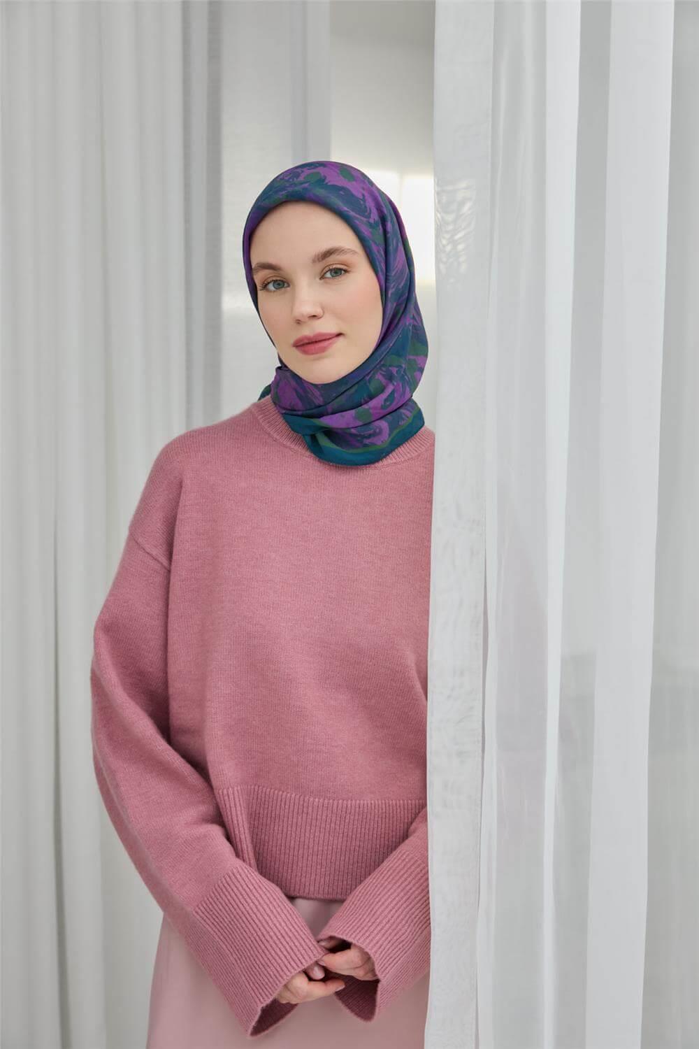 Viskon Velora Eşarp Petrol Mavi Dört Mevsim 90x90