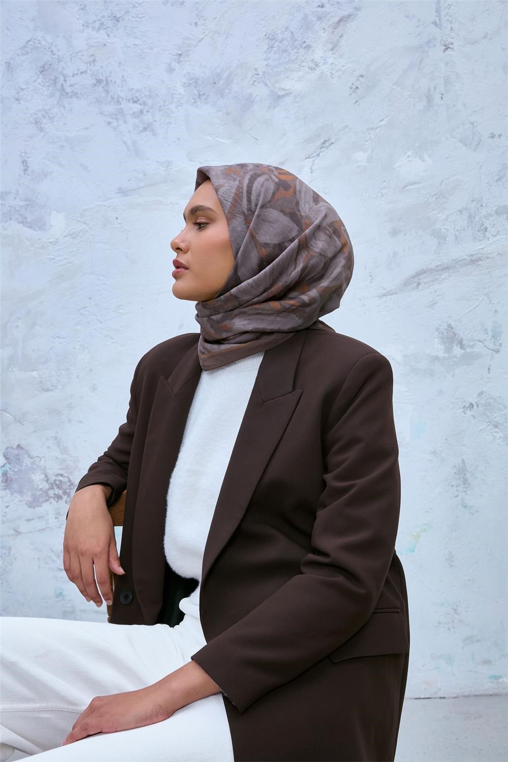 Viskon Velora Eşarp Yeşil Kahve-Füme Desenli Tok Duruşlu Kaymaz Dokulu 90X90