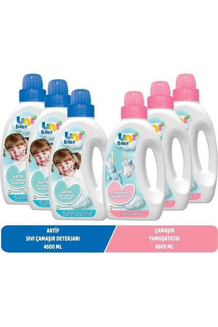 UNI BABYSıvı Çamaşır Deterjanı 1500 ml Aktif + Yumuşatıcı 1500 ml Hassas Hipoalerjenik Karma 6 Lı Set