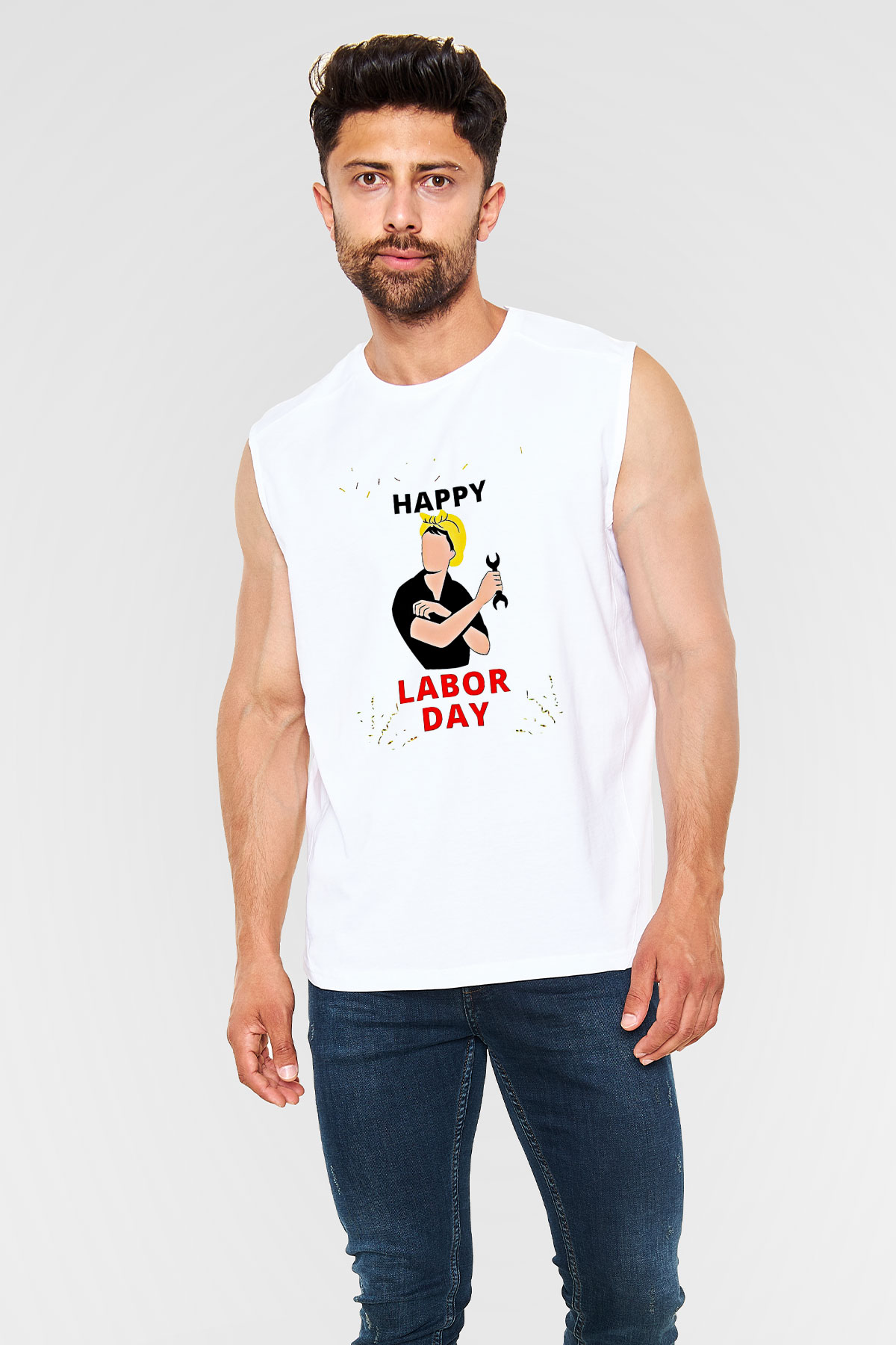 1 Mayıs Baskılı Beyaz Unisex Kolsuz Tişört - Tshirt