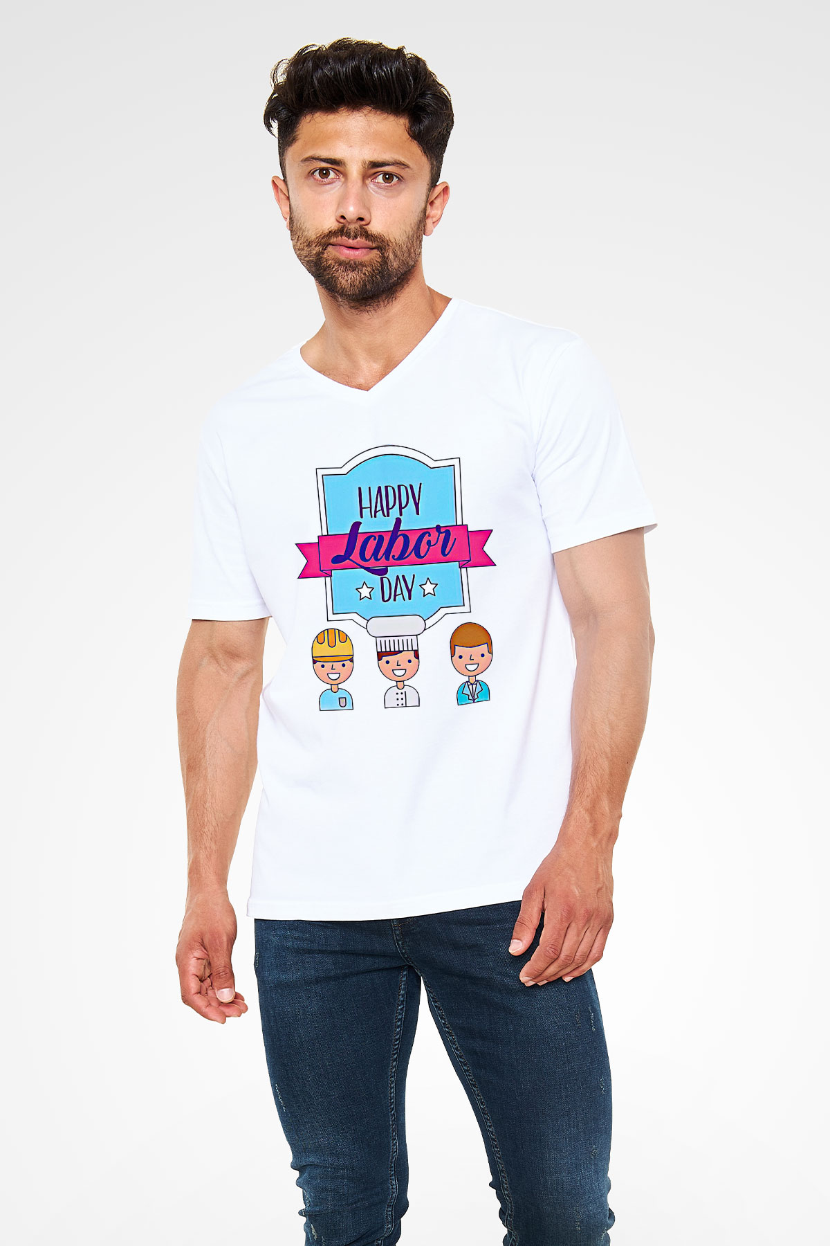 1 Mayıs Baskılı Beyaz Unisex V Yaka Tişört - Tshirt
