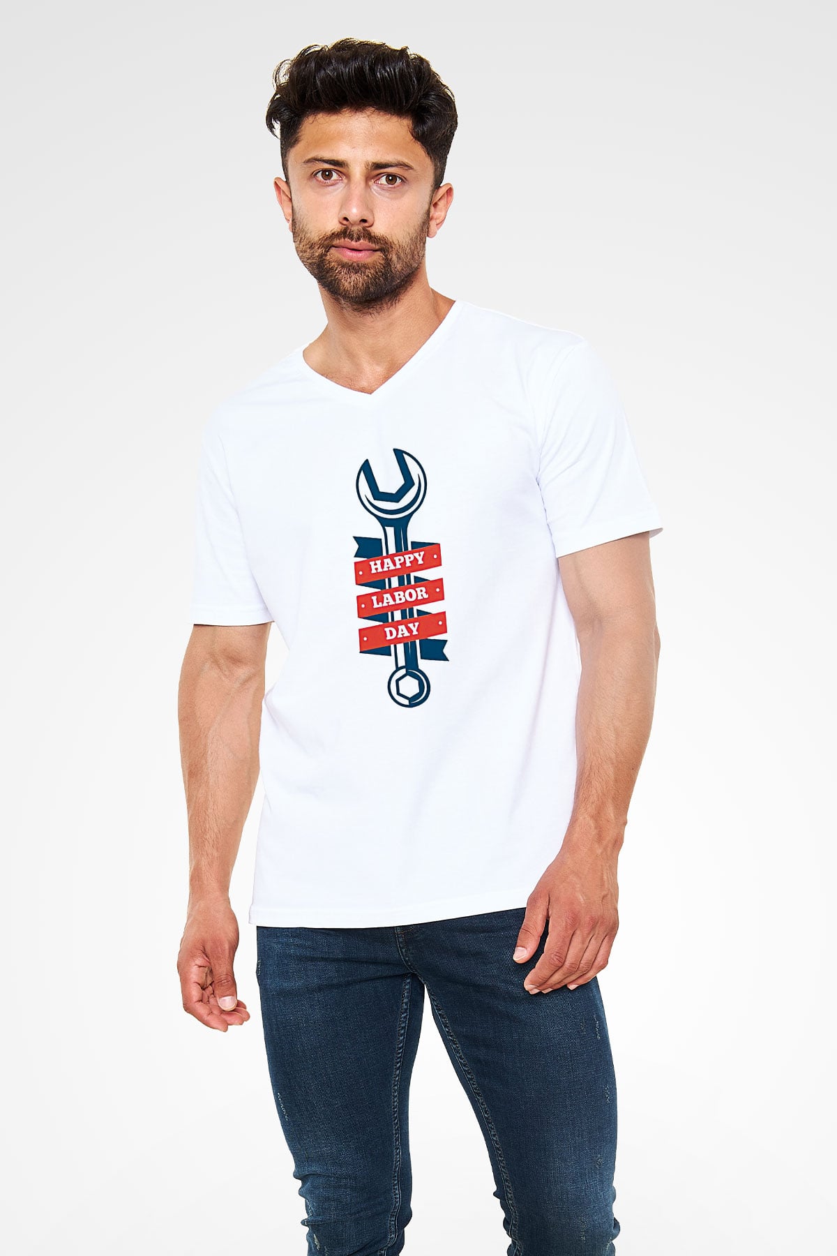 1 Mayıs Baskılı Beyaz Unisex V Yaka Tişört - Tshirt
