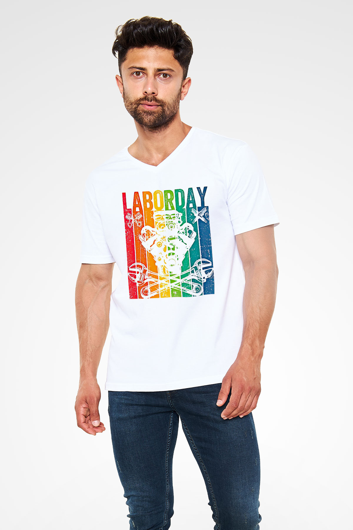 1 Mayıs Baskılı Beyaz Unisex V Yaka Tişört - Tshirt