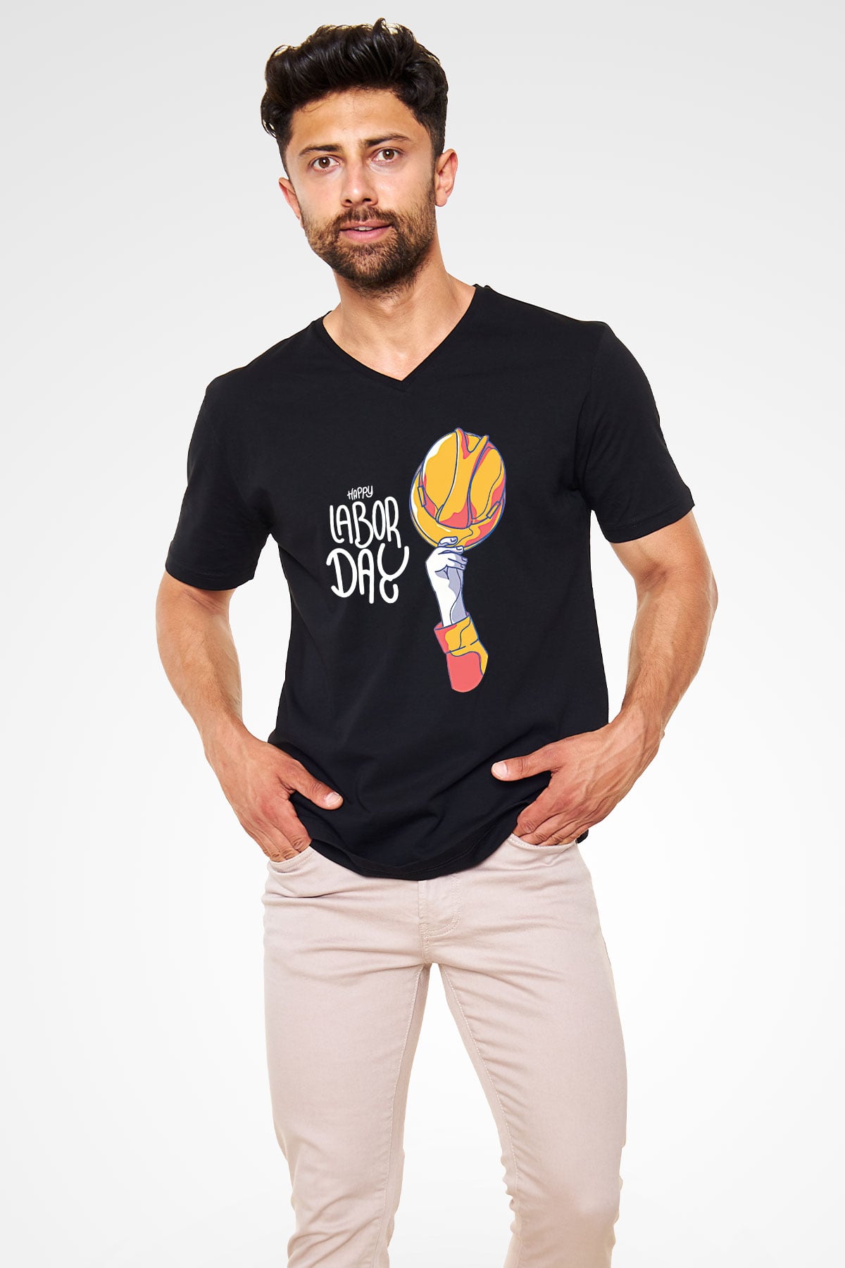 1 Mayıs Baskılı Unisex Siyah V Yaka Tişört - Tshirt