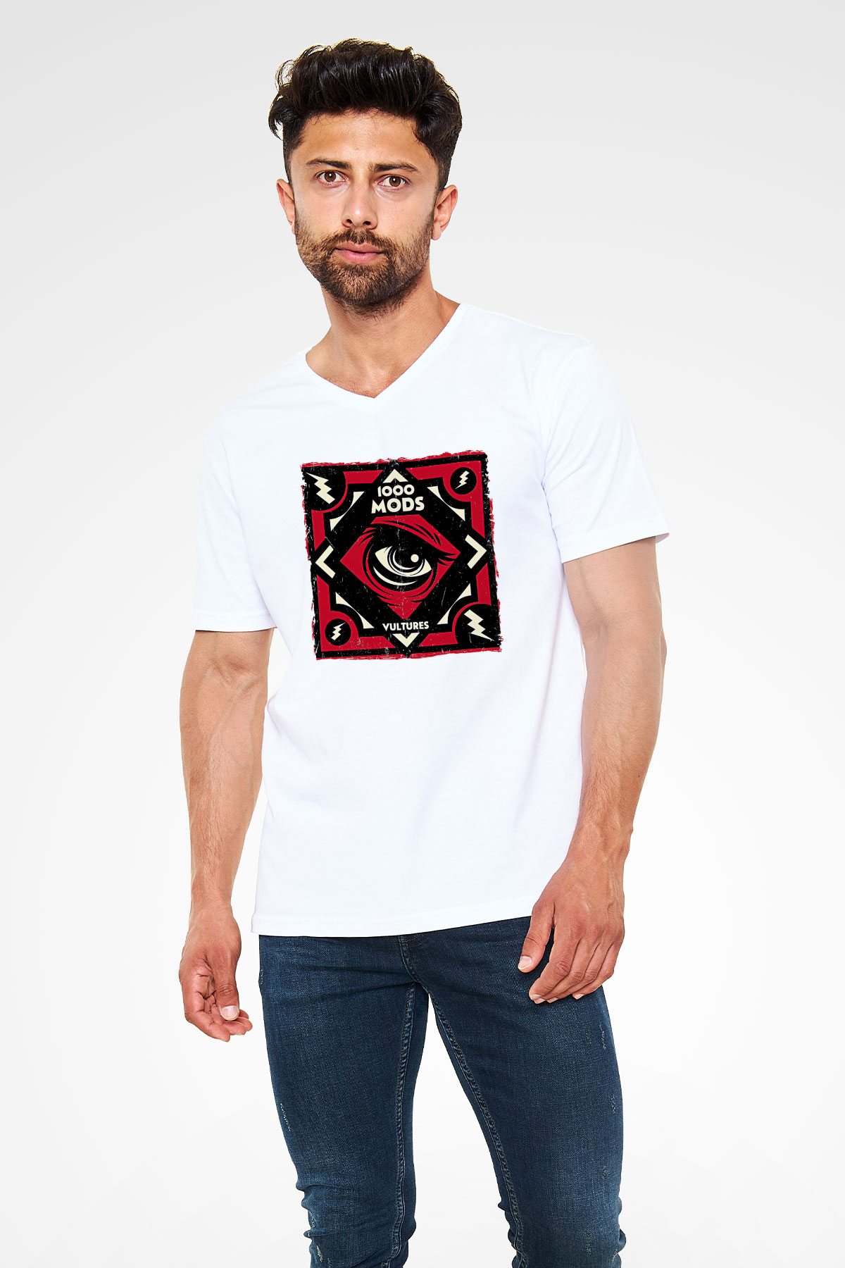 1000mods Baskılı Beyaz Unisex V Yaka Tişört - Tshirt