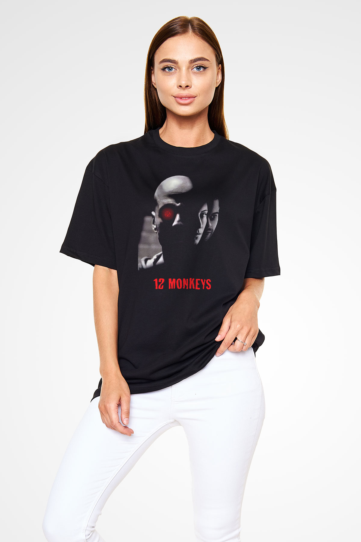 12 Maymun (12 Monkeys) Baskılı Unisex Siyah Oversize Tişört - Tshirt