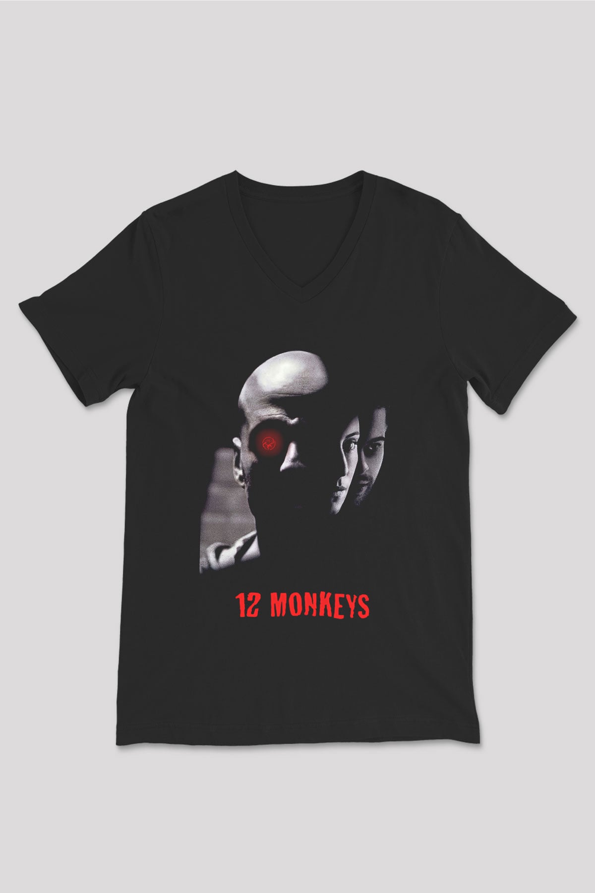 12 Maymun (12 Monkeys) Baskılı Unisex Siyah V Yaka Tişört - Tshirt