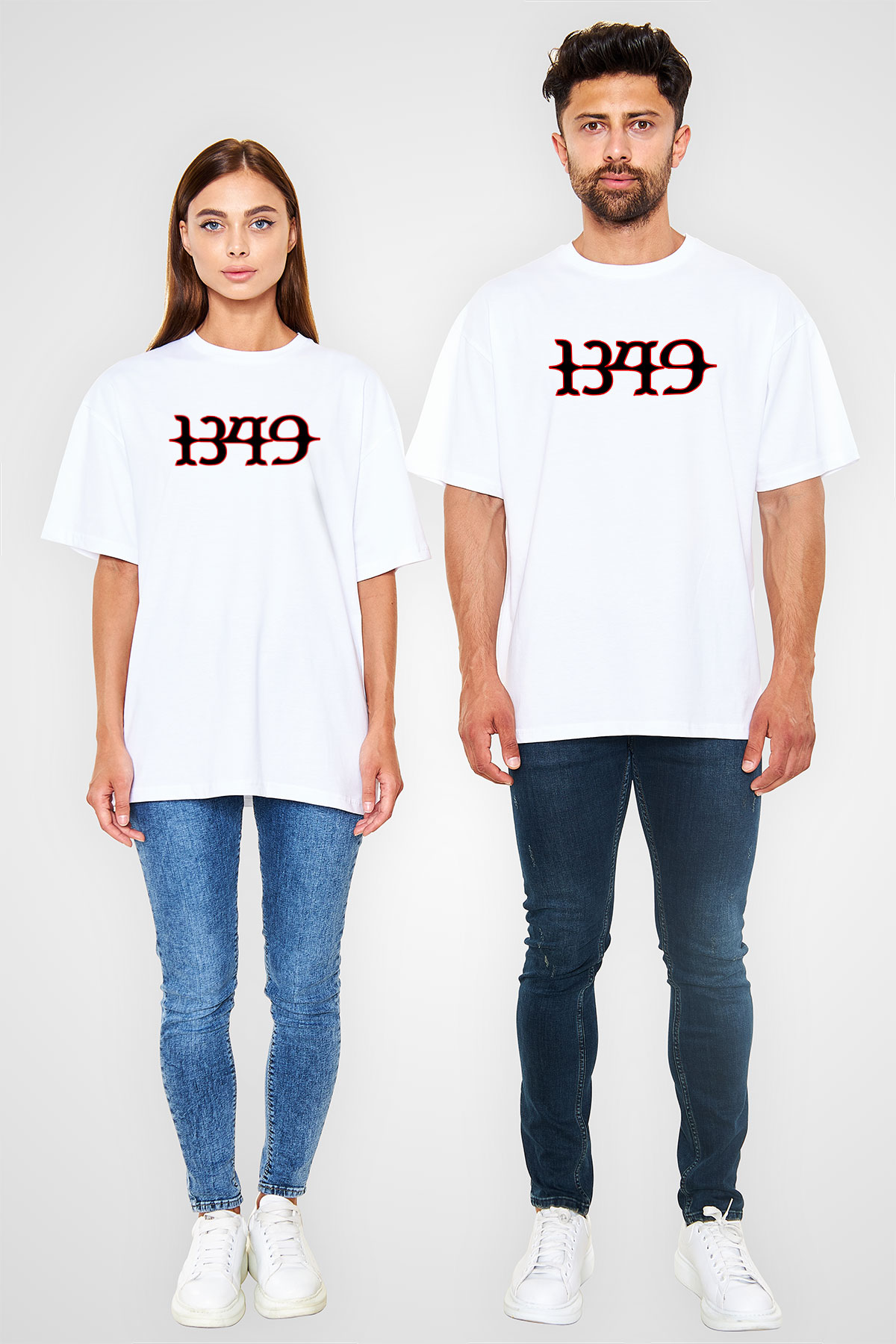1349 Baskılı Unisex Beyaz Oversize Tişört