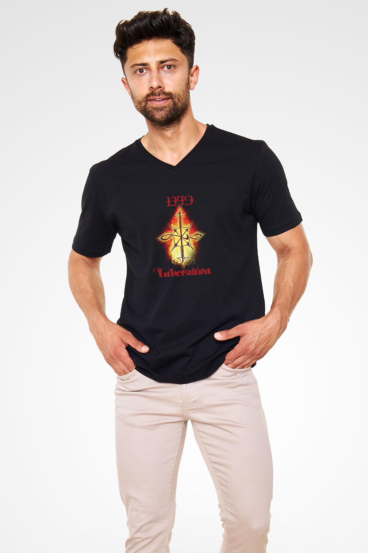 1349 Baskılı Unisex Siyah V Yaka Tişört