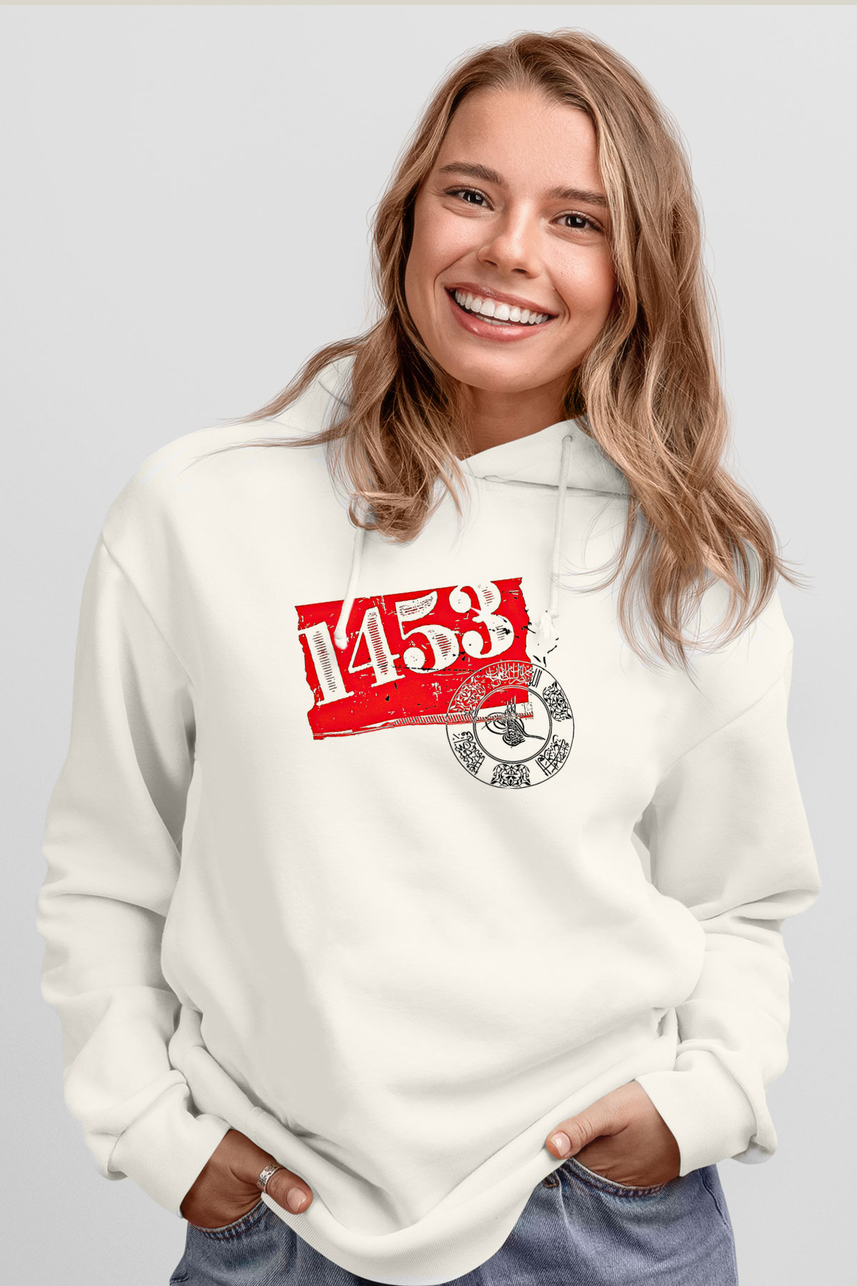 1453 Baskılı Beyaz Unisex Hoodie