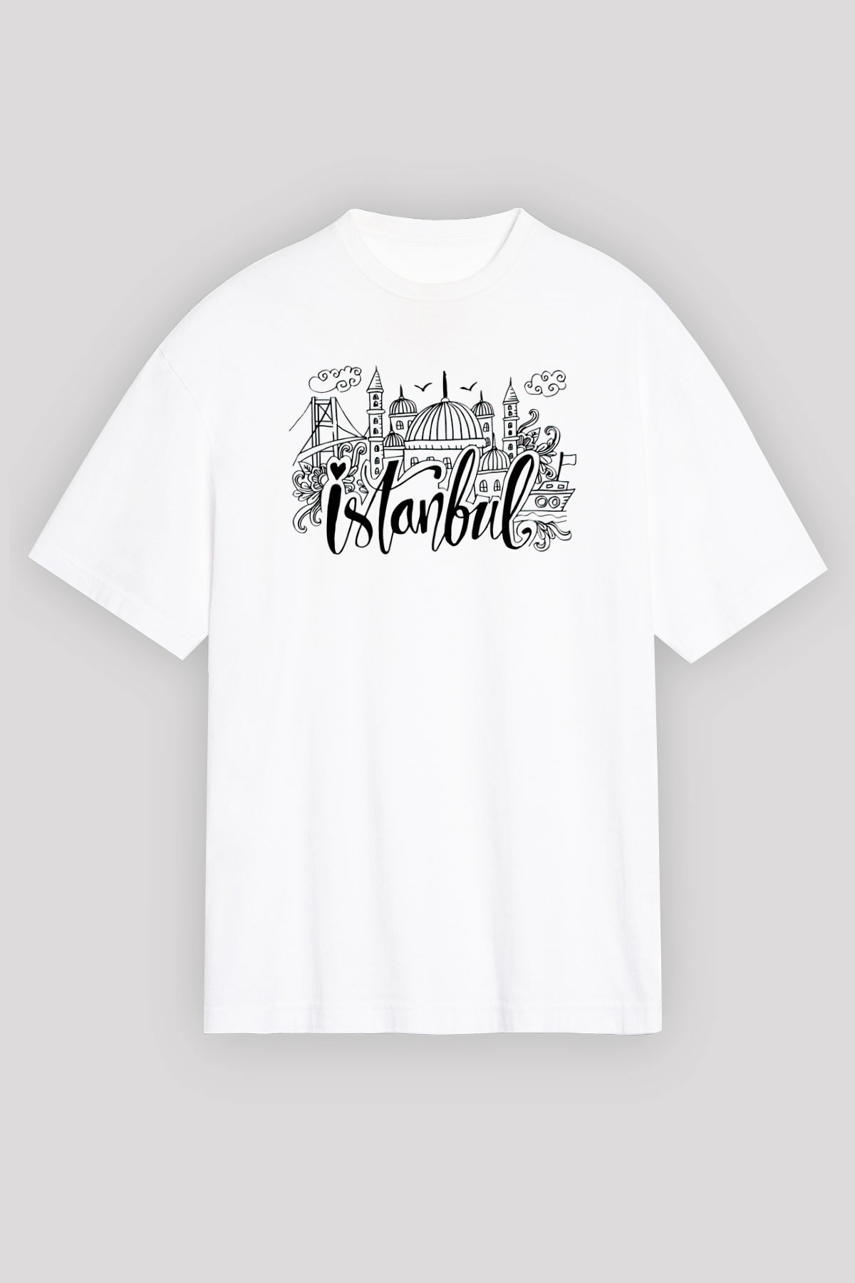 1453 Baskılı Beyaz Unisex Oversize Tişört - Tshirt