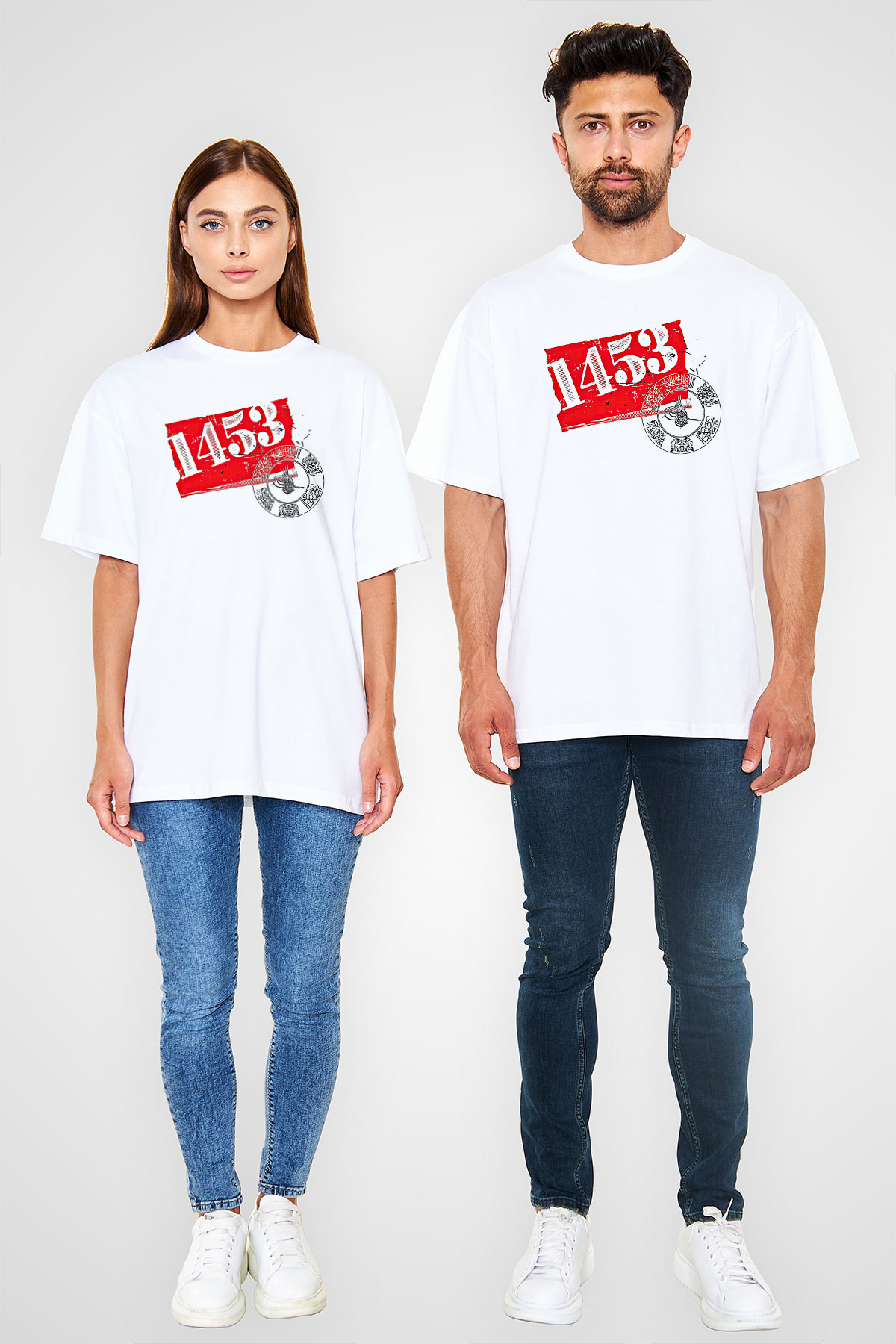 1453 Baskılı Beyaz Unisex Oversize Tişört - Tshirt