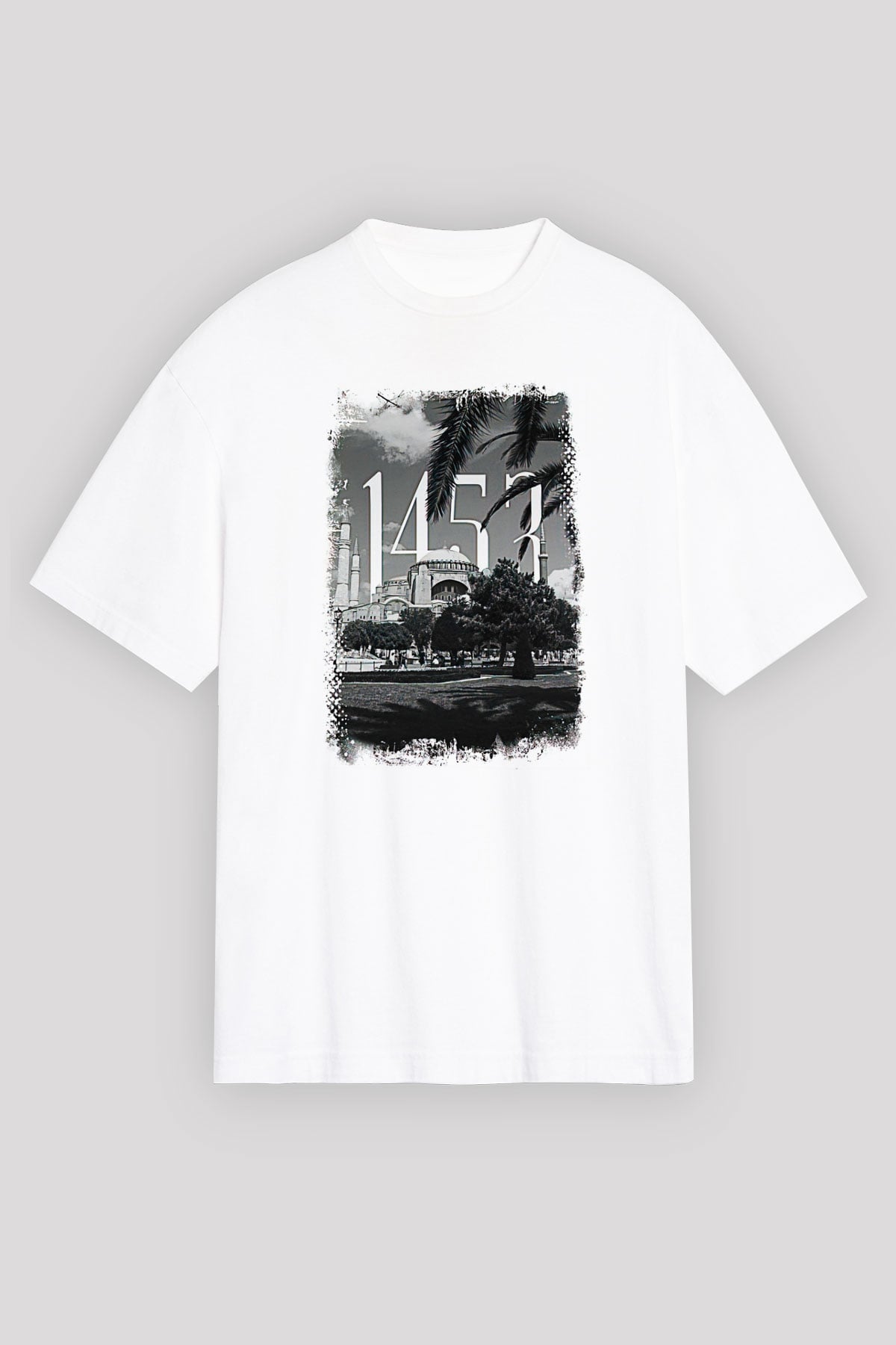 1453 Baskılı Beyaz Unisex Oversize Tişört - Tshirt