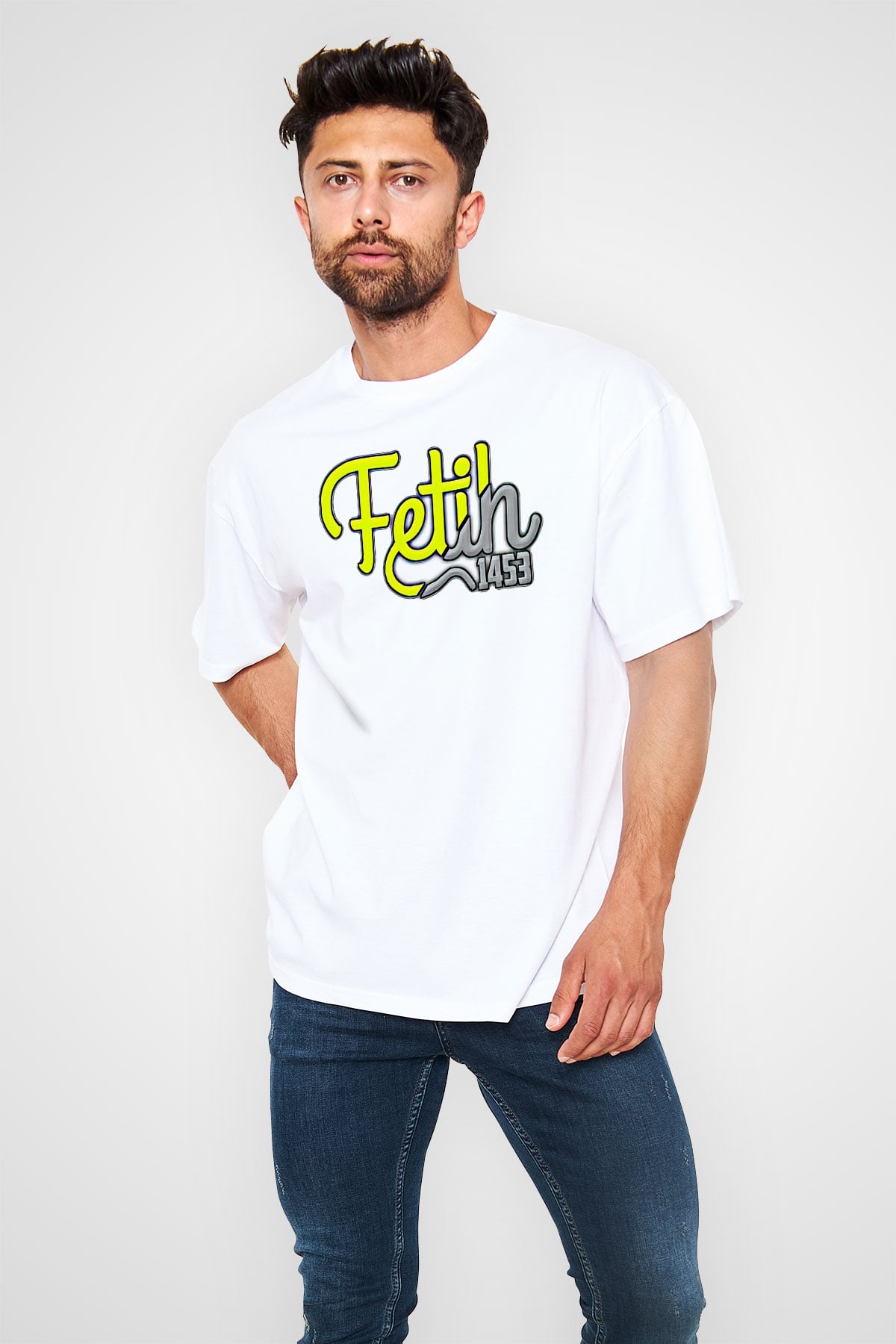 1453 Baskılı Beyaz Unisex Oversize Tişört - Tshirt