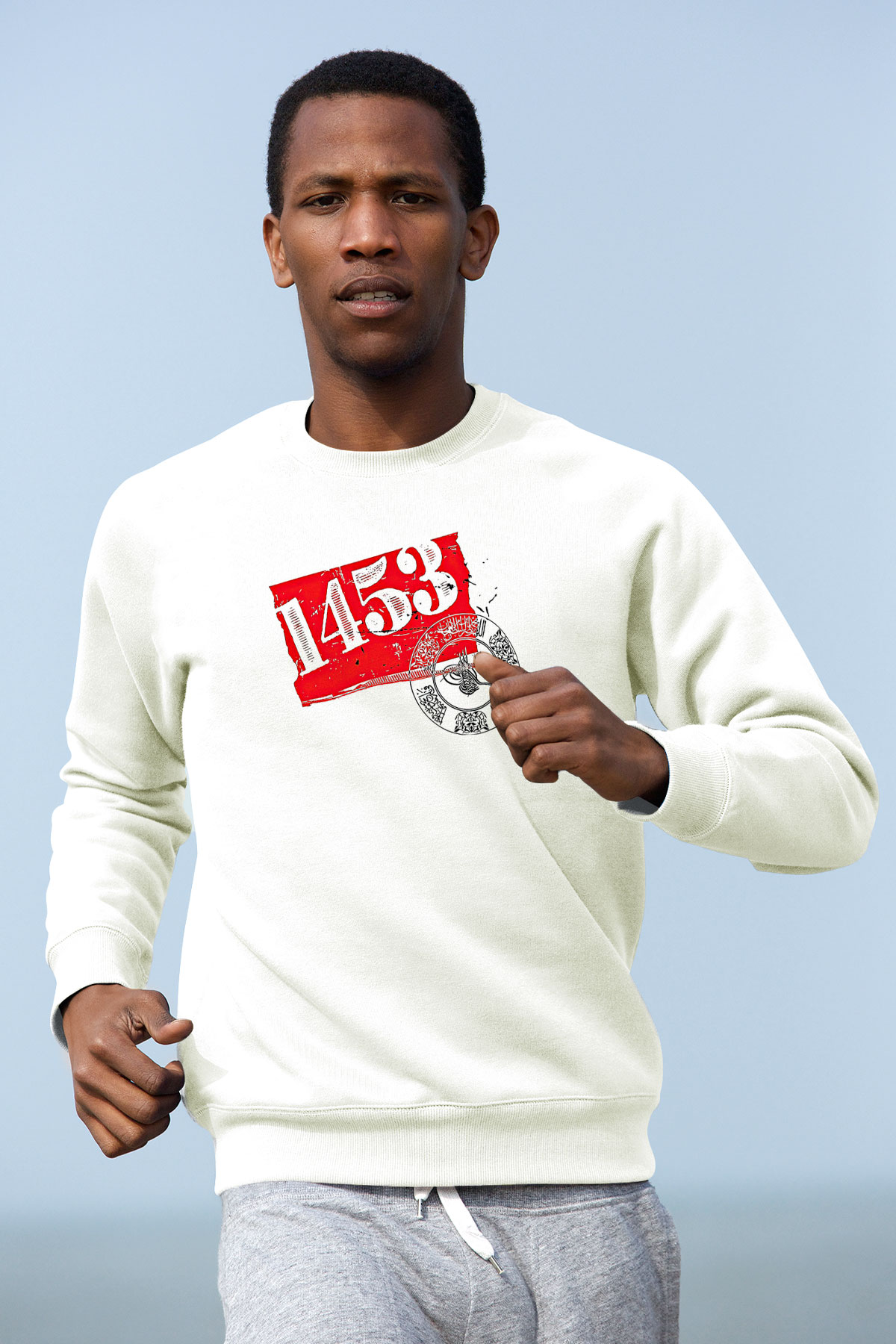 1453 Baskılı Beyaz Unisex Sweatshirt