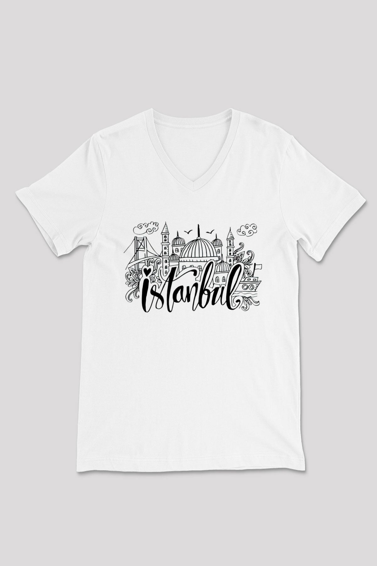 1453 Baskılı Beyaz Unisex V Yaka Tişört - Tshirt