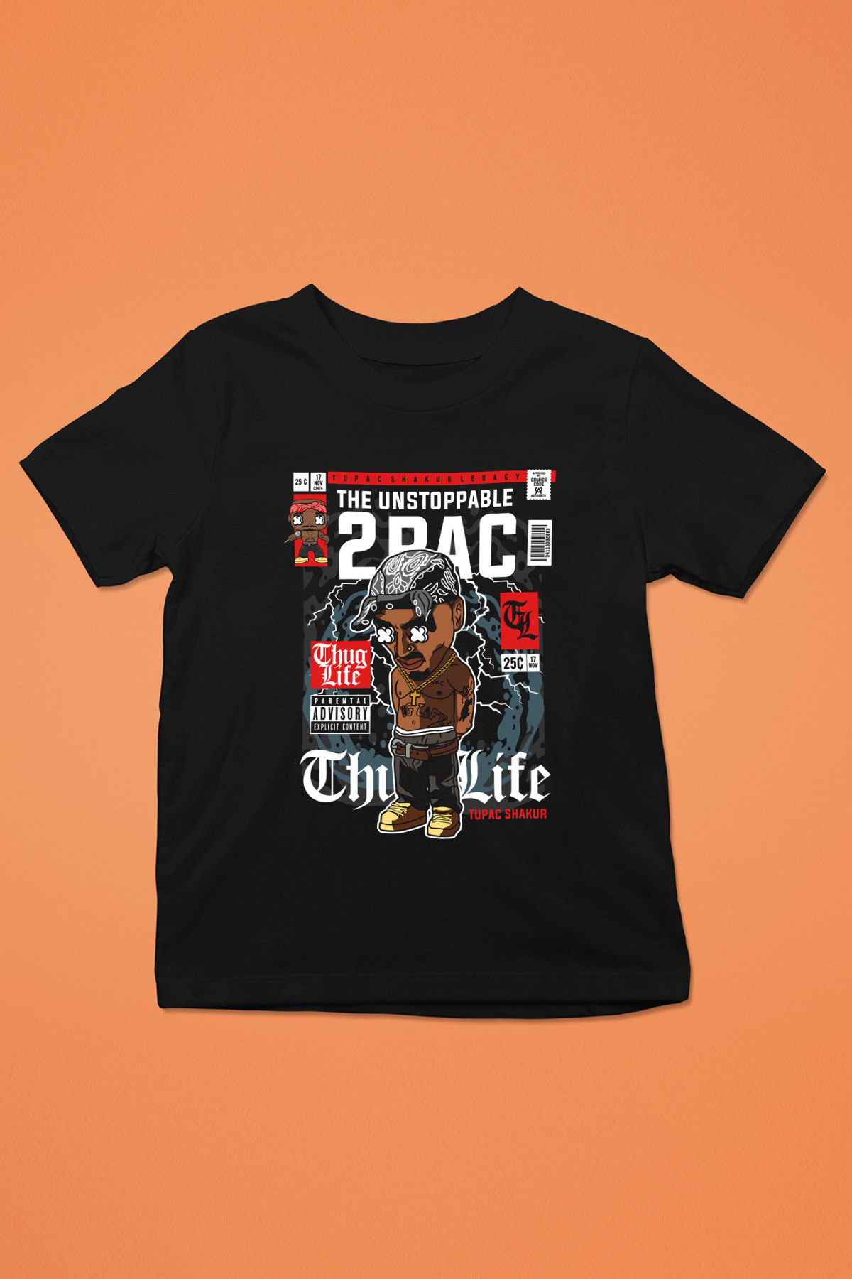 2 Pac Baskılı Unisex Siyah Çocuk Tişört