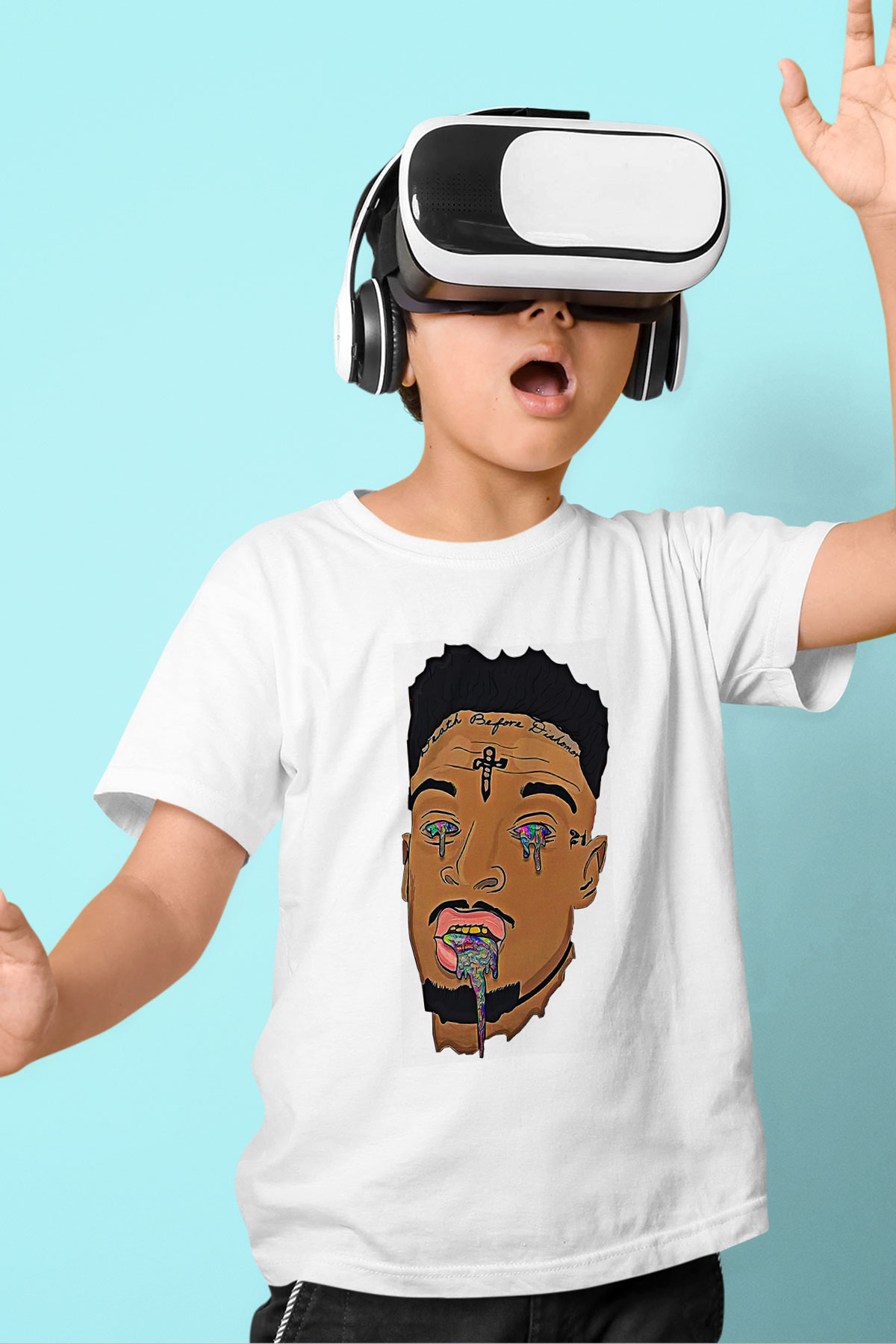 21 Savage Baskılı Beyaz Unisex Beyaz Çocuk Tişört - Tshirt
