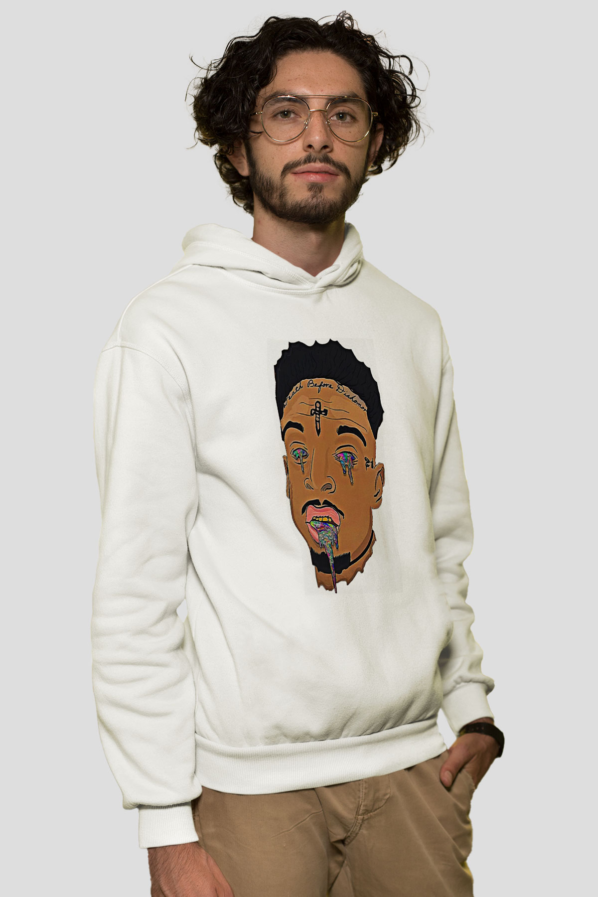 21 Savage Baskılı Beyaz Unisex Kapüşonlu Sweatshirt