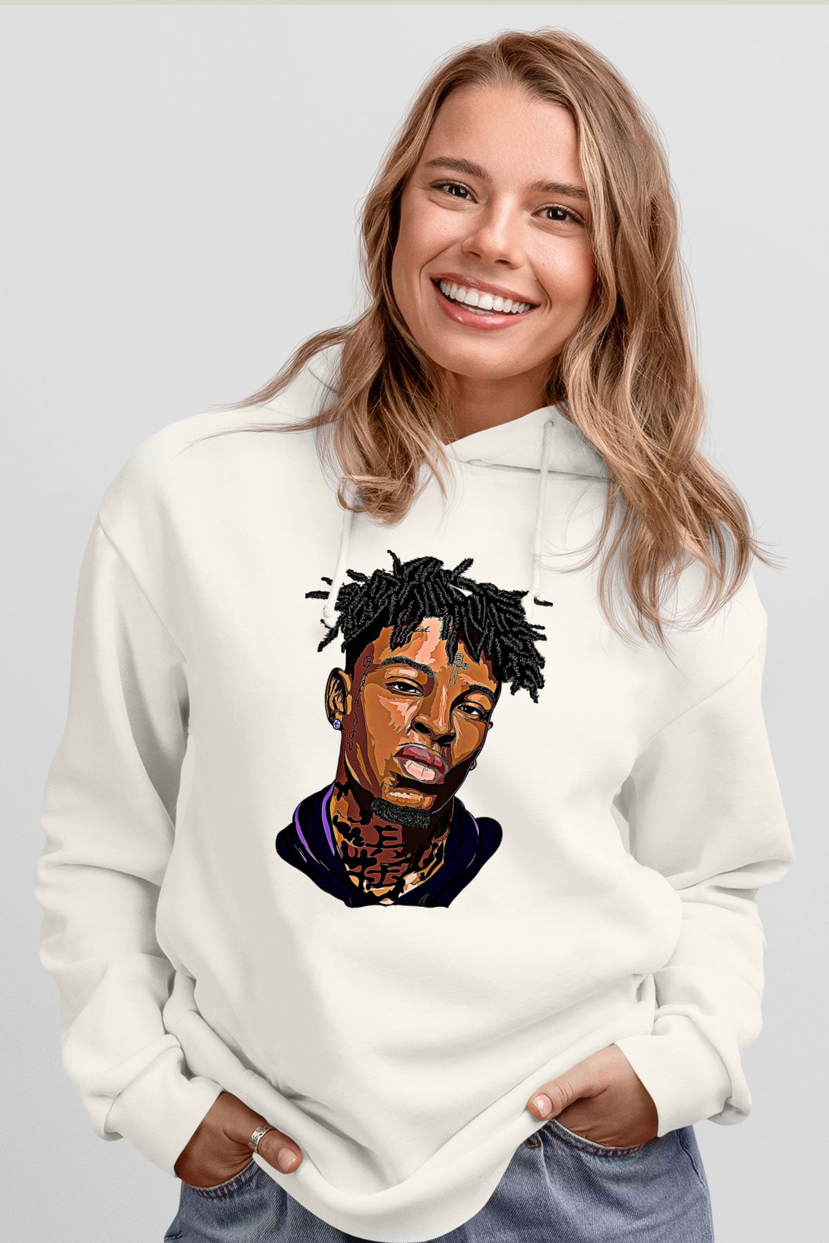 21 Savage Baskılı Beyaz Unisex Kapüşonlu Sweatshirt