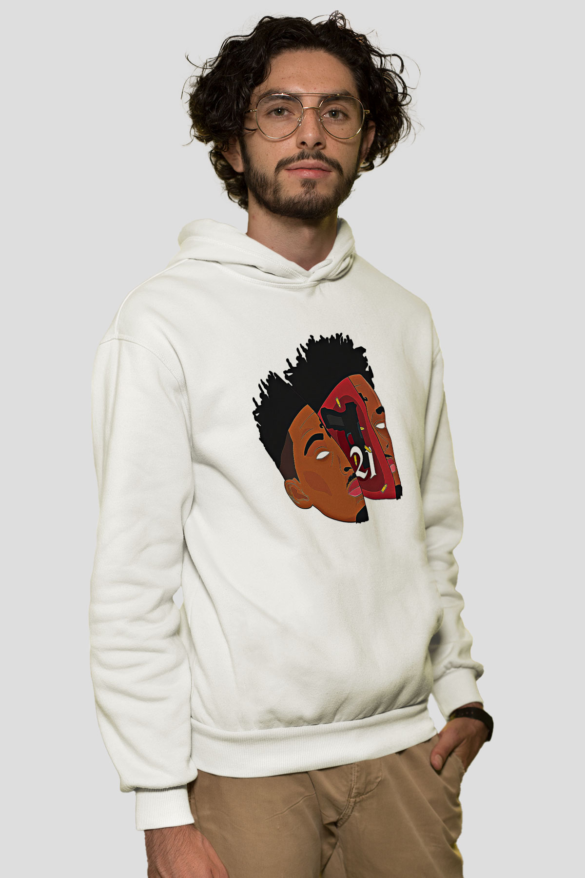 21 Savage Baskılı Beyaz Unisex Kapüşonlu Sweatshirt