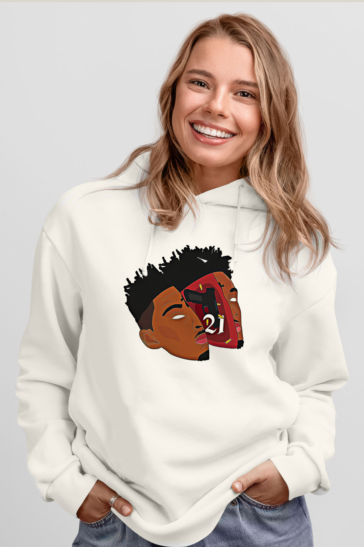 21 Savage Baskılı Beyaz Unisex Kapüşonlu Sweatshirt