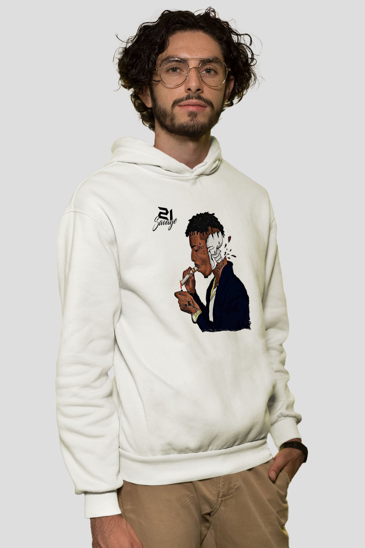21 Savage Baskılı Beyaz Unisex Kapüşonlu Sweatshirt