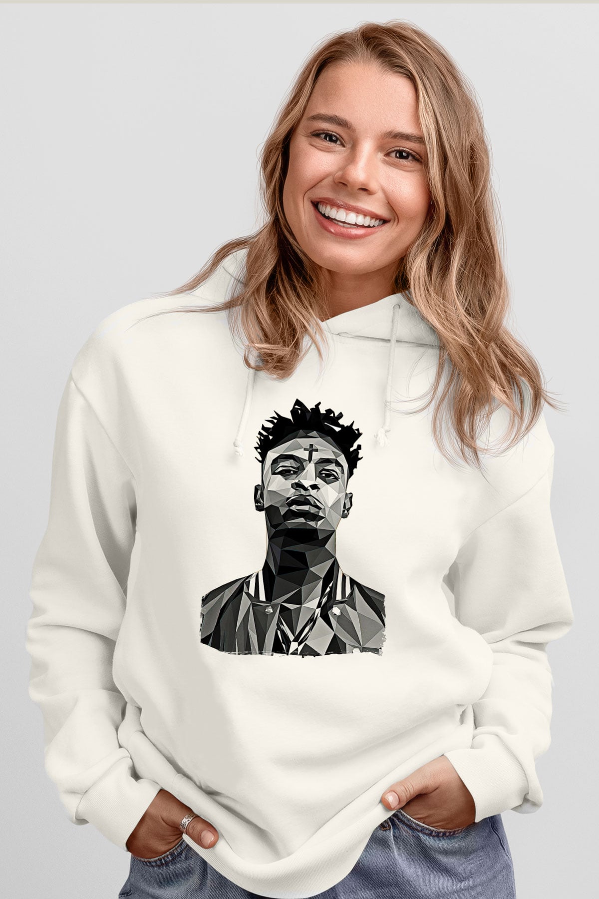 21 Savage Baskılı Beyaz Unisex Kapüşonlu Sweatshirt