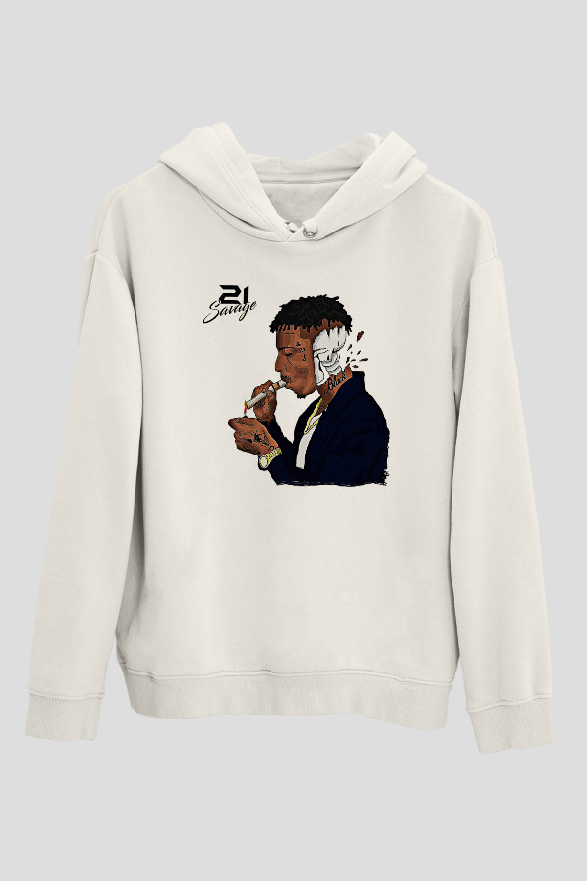 21 Savage Baskılı Beyaz Unisex Kapüşonlu Sweatshirt