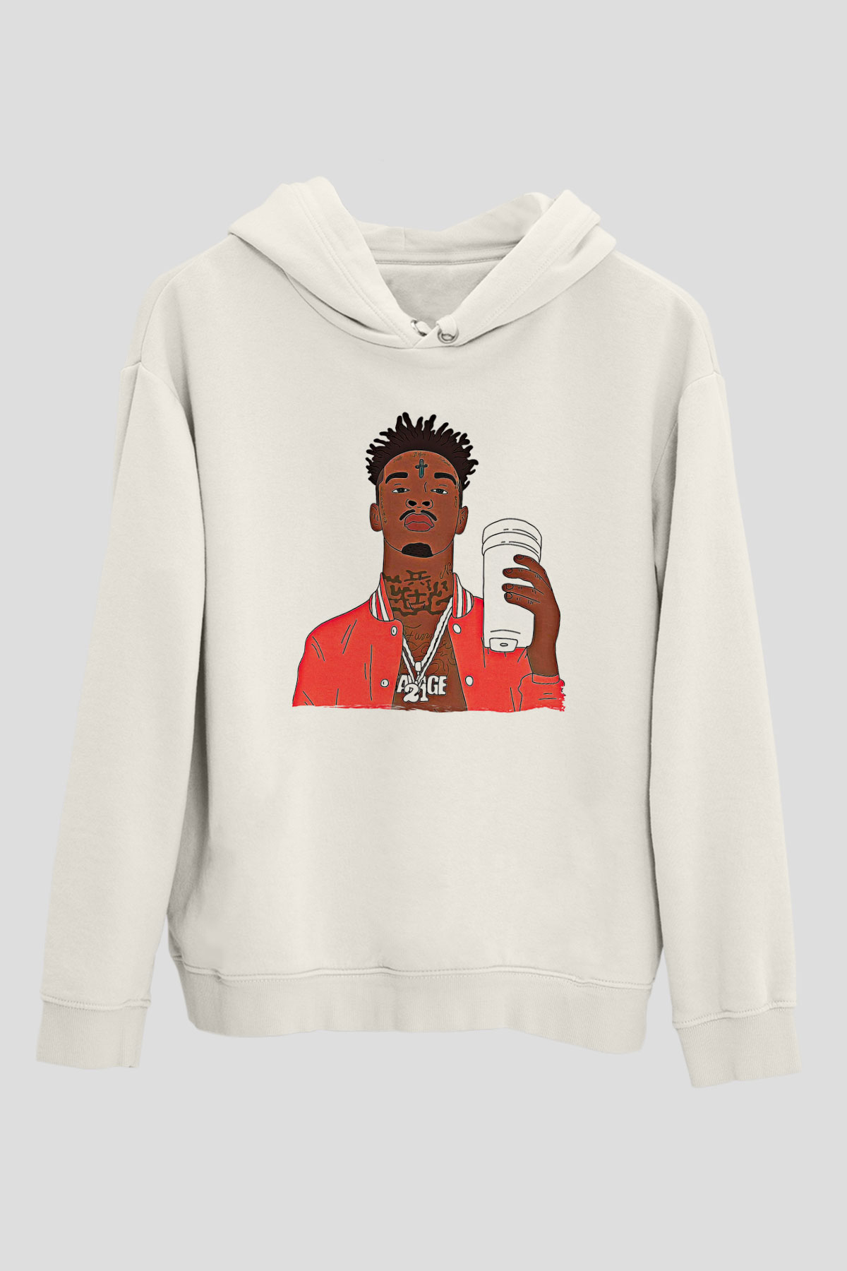 21 Savage Baskılı Beyaz Unisex Kapüşonlu Sweatshirt
